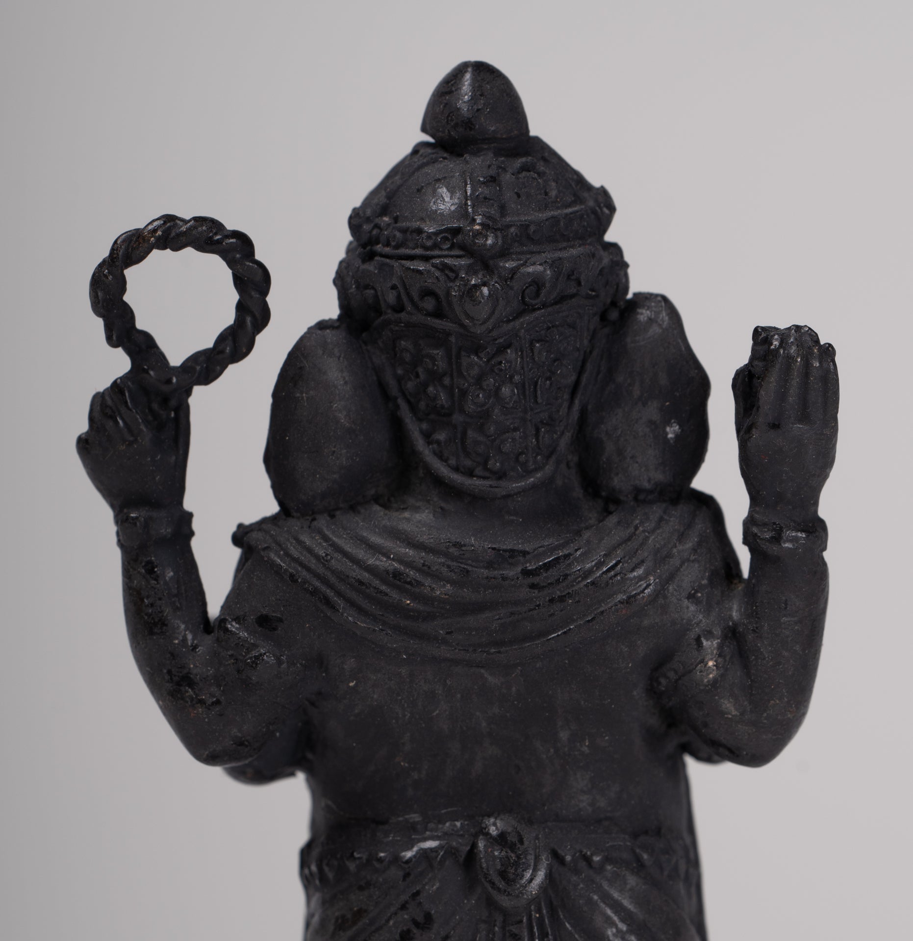 Ganesha Statue - Antique Thai Style Standing Black 4-Arm Ganesha Statue - 11.5cm/5"