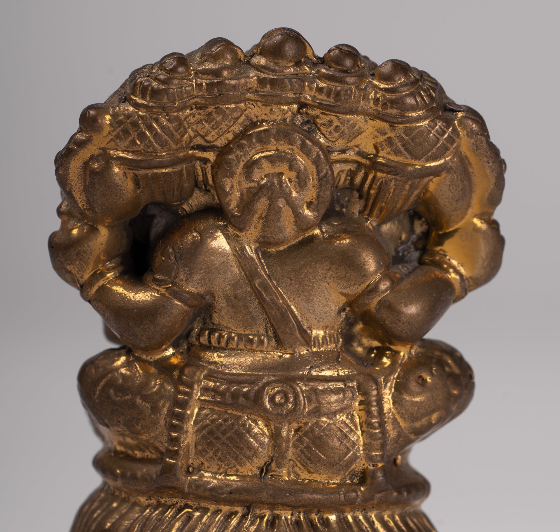 Ganesh - Antique Thai Style Brass Seated Gold Heramba Ganapati Statue - 8cm/3"