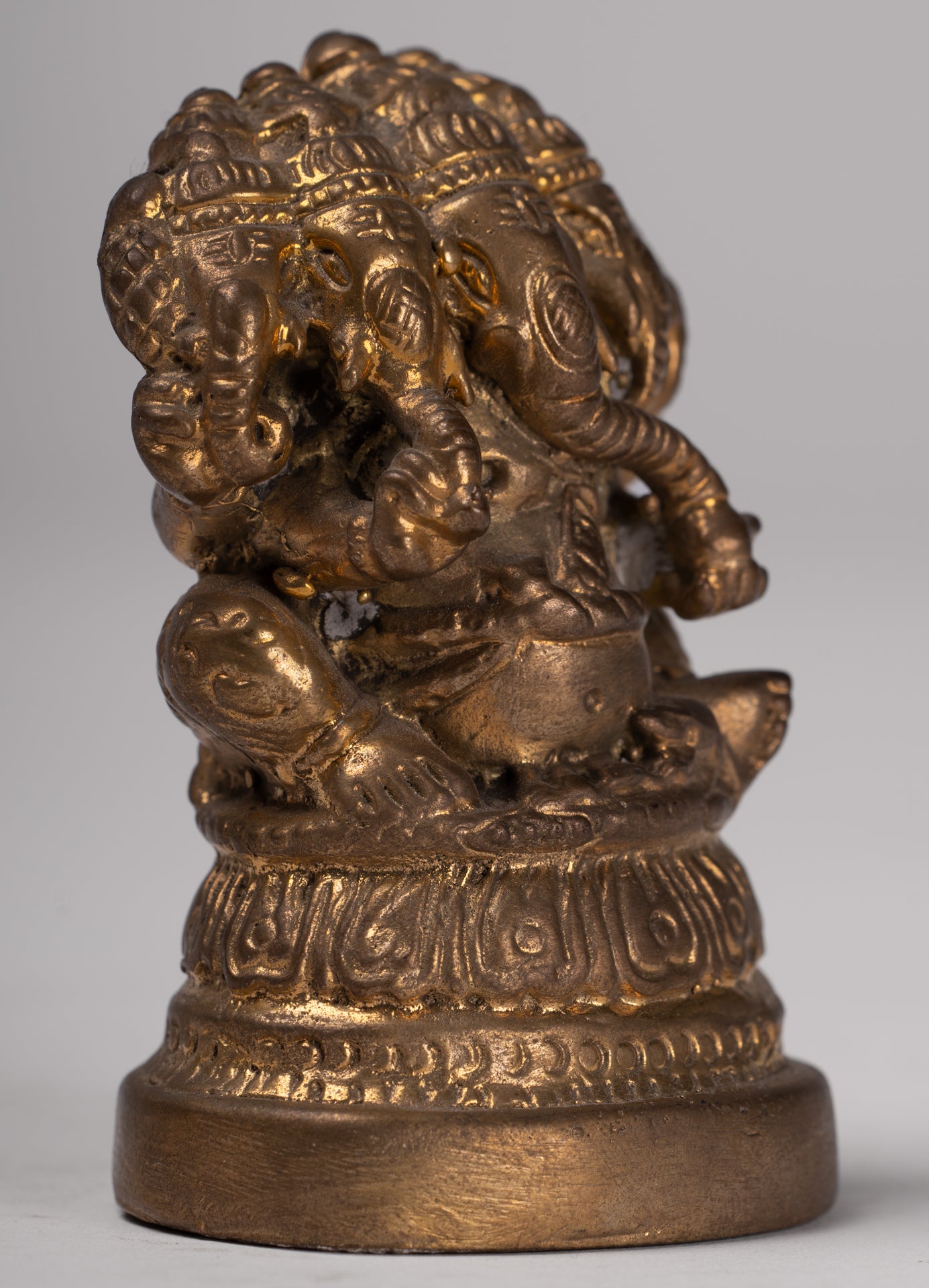 Ganesh - Antique Thai Style Brass Seated Gold Heramba Ganapati Statue - 8cm/3"