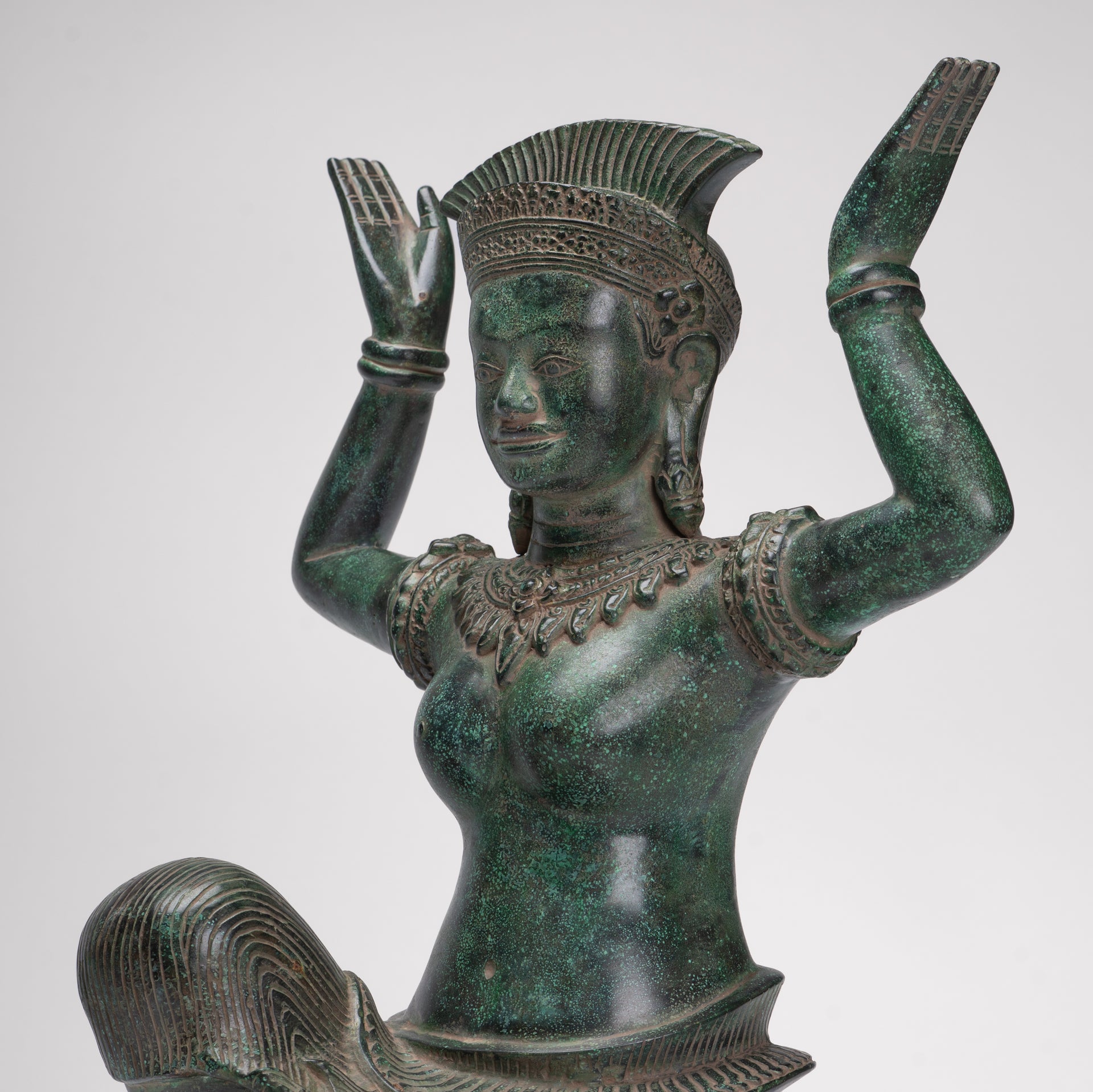 Antique Bayon Style Bronze Kneeling Female Devi Statue - 44cm/18"