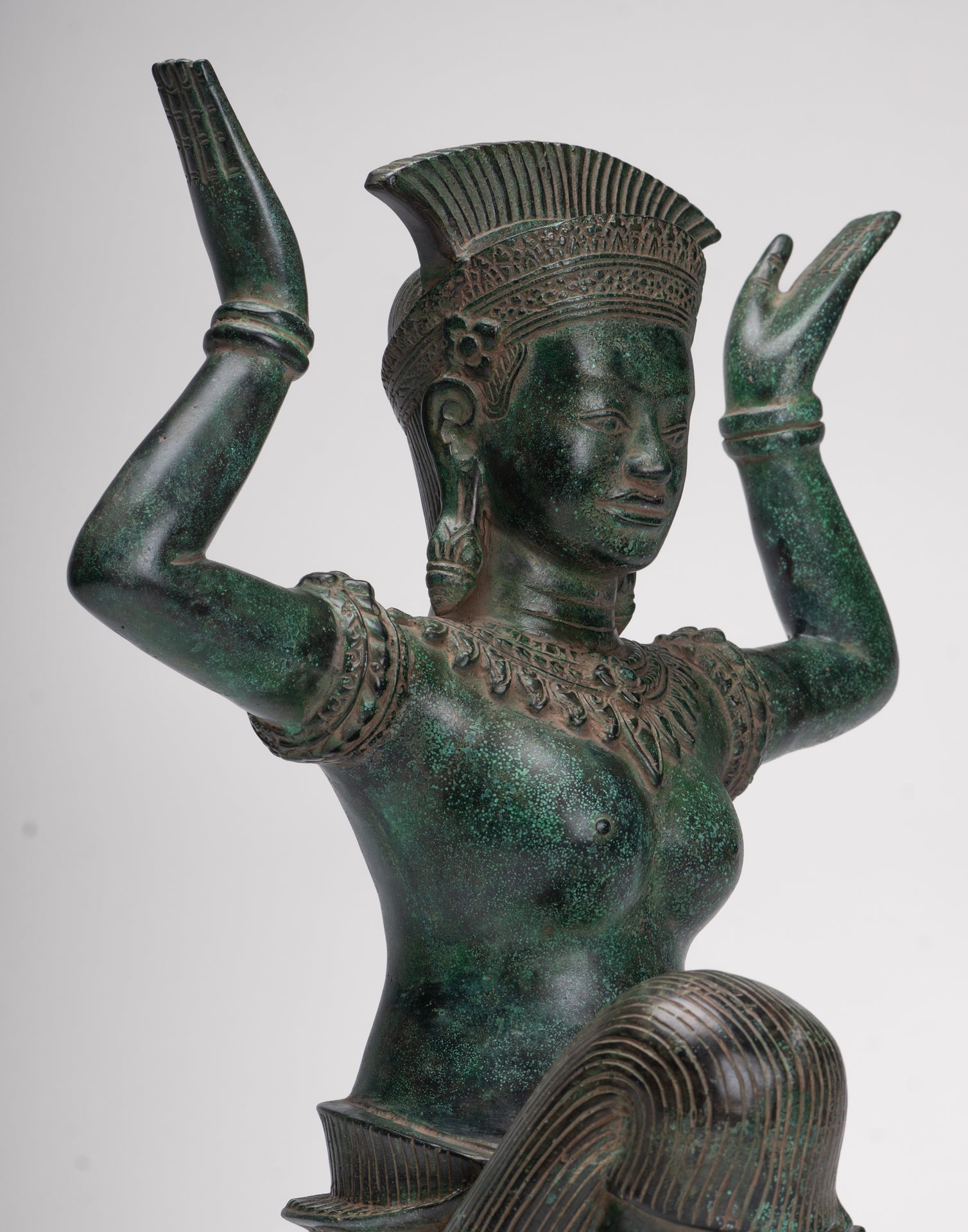 Antique Bayon Style Bronze Kneeling Female Devi Statue - 44cm/18"