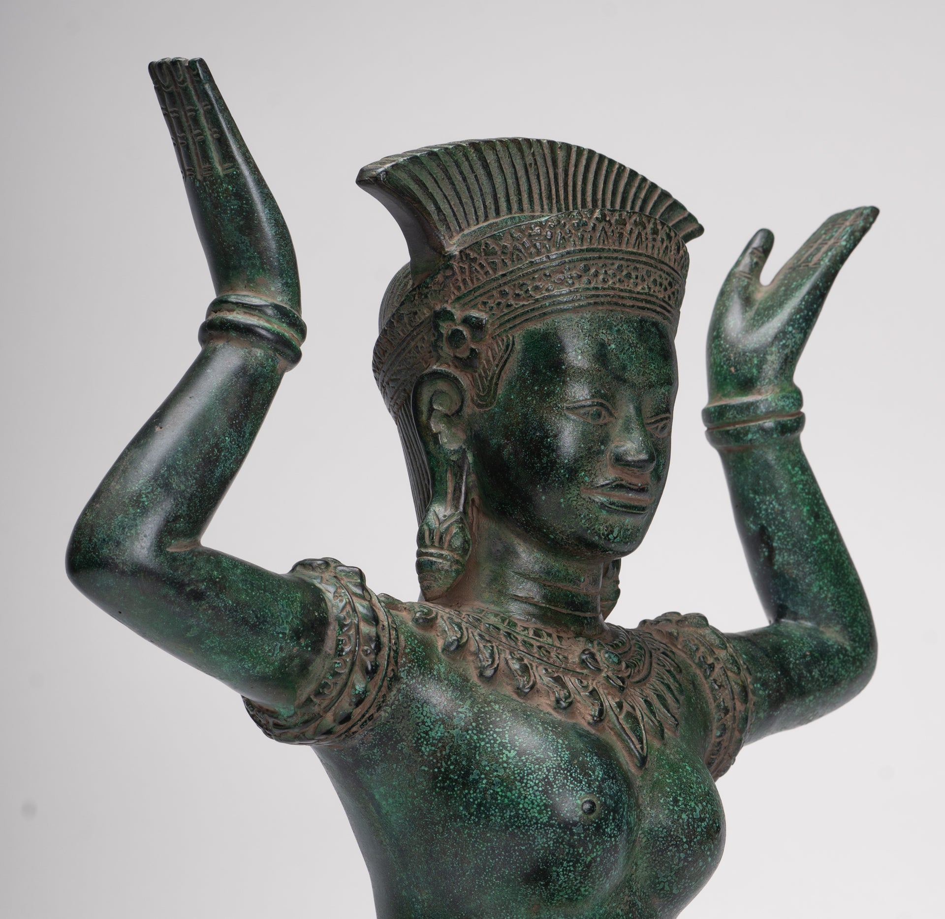 Antique Bayon Style Bronze Kneeling Female Devi Statue - 44cm/18"