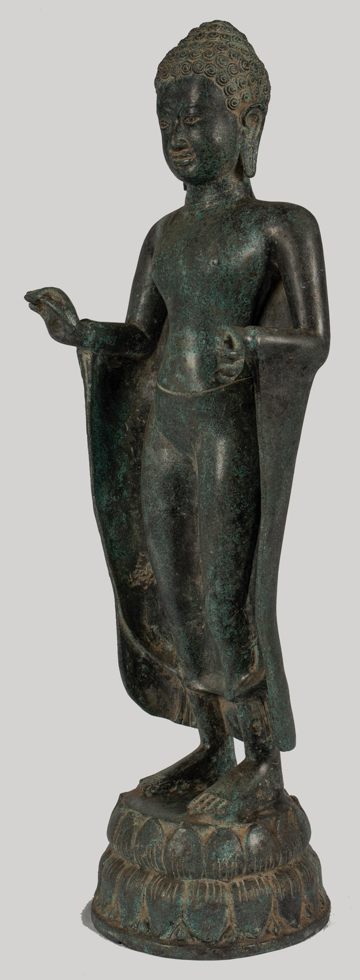Antique Thai Style Bronze Buddha in Dharmachakra Teaching Mudra - 84cm/34"