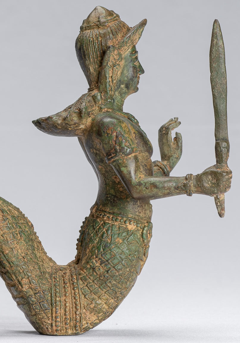 Antique Thai Style Bronze Female Deity with Naga Tail Statue - 22cm/9"