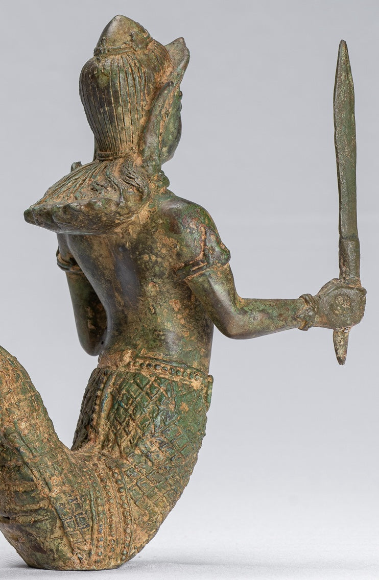 Antique Thai Style Bronze Female Deity with Naga Tail Statue - 22cm/9"