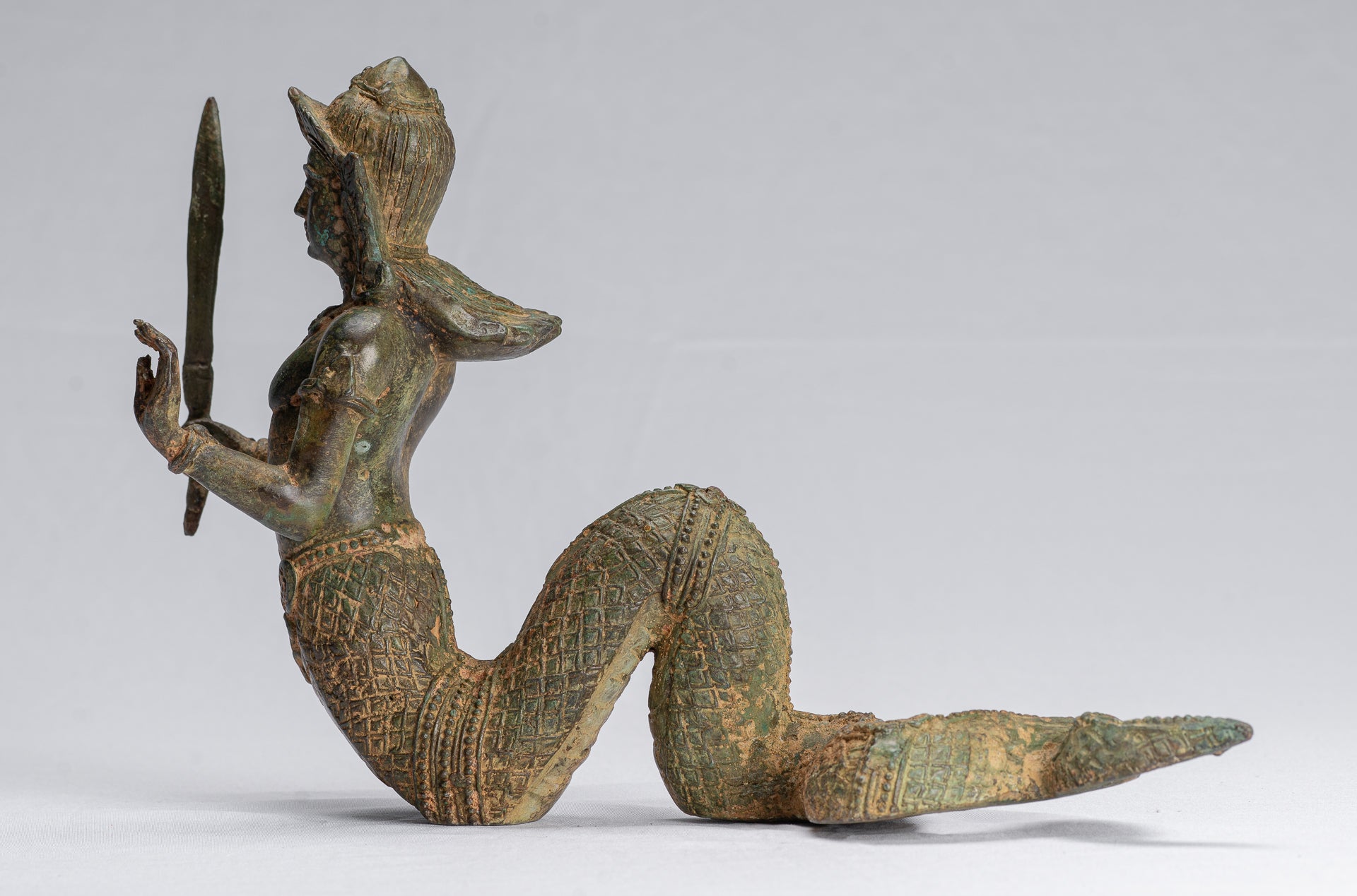 Antique Thai Style Bronze Female Deity with Naga Tail Statue - 22cm/9"