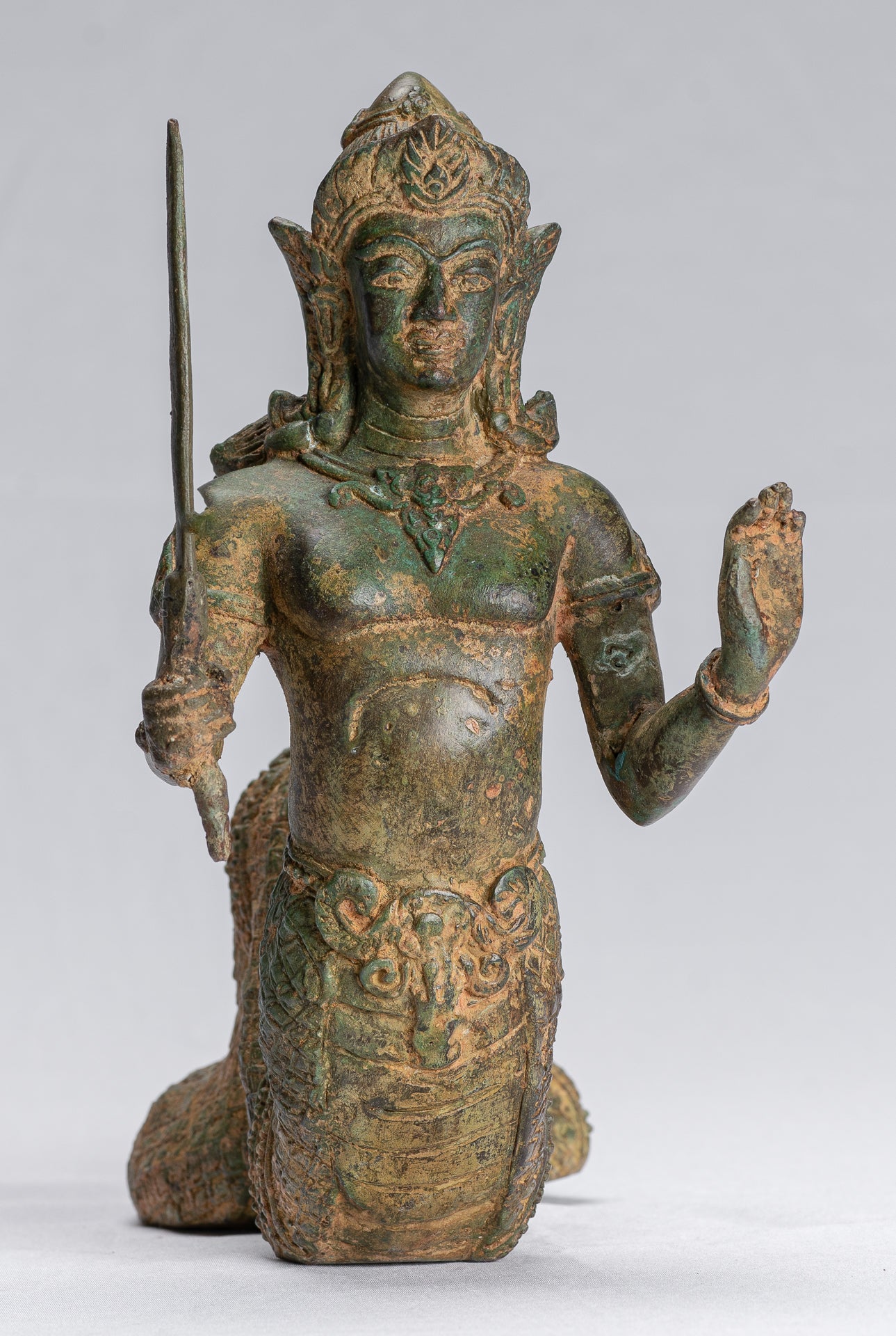 Antique Thai Style Bronze Female Deity with Naga Tail Statue - 22cm/9"