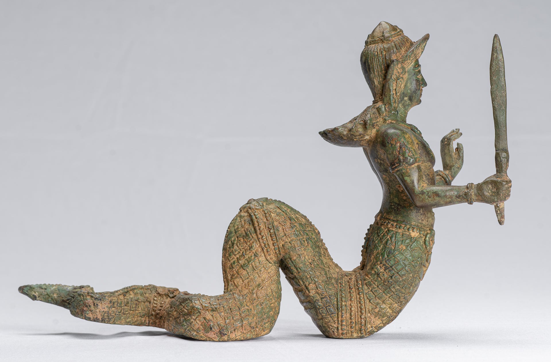 Antique Thai Style Bronze Female Deity with Naga Tail Statue - 22cm/9"