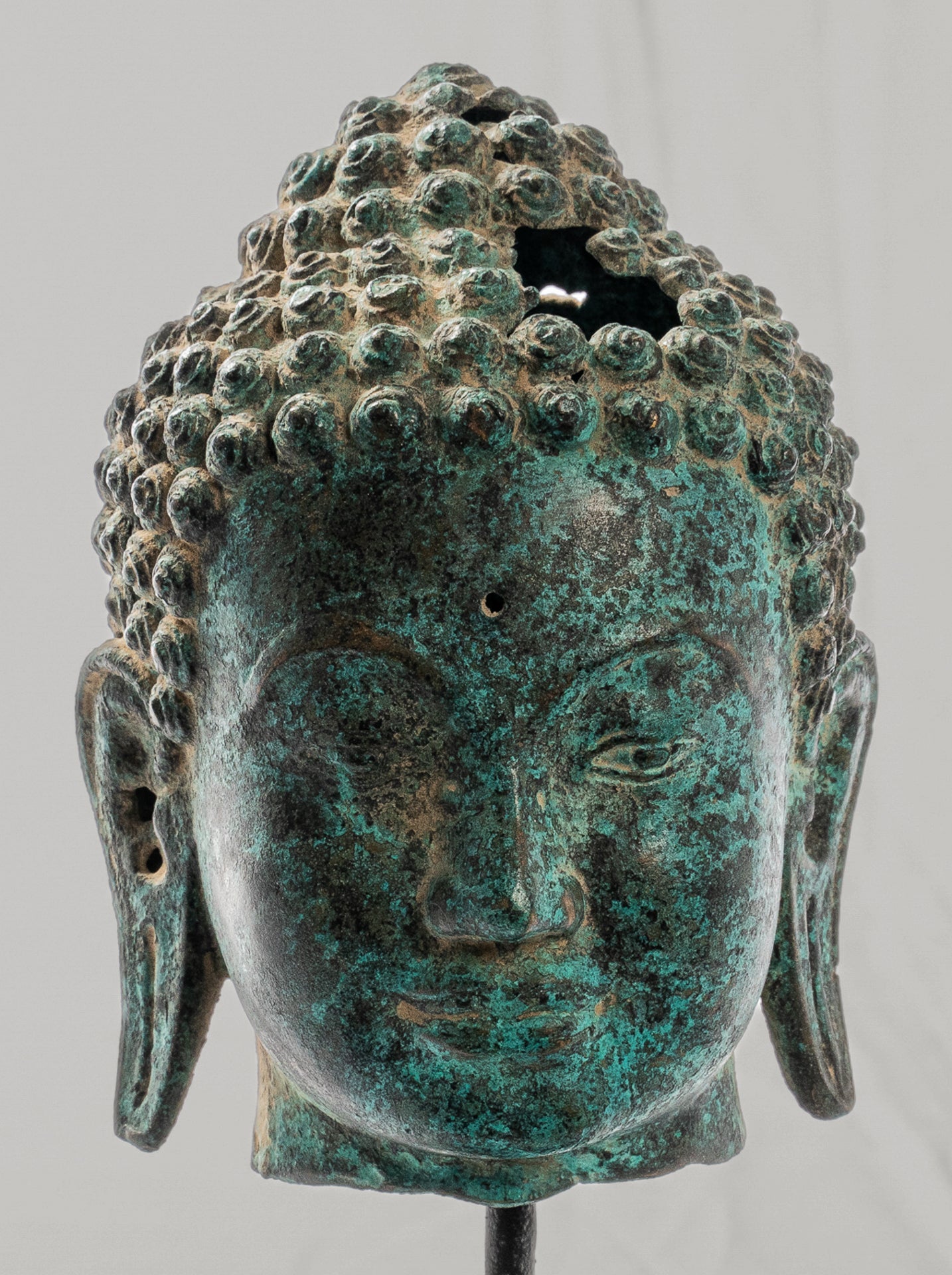 Buddha Statue - Antique Thai Style Mounted Dvaravati Bronze Buddha Head Statue - 20cm/8"