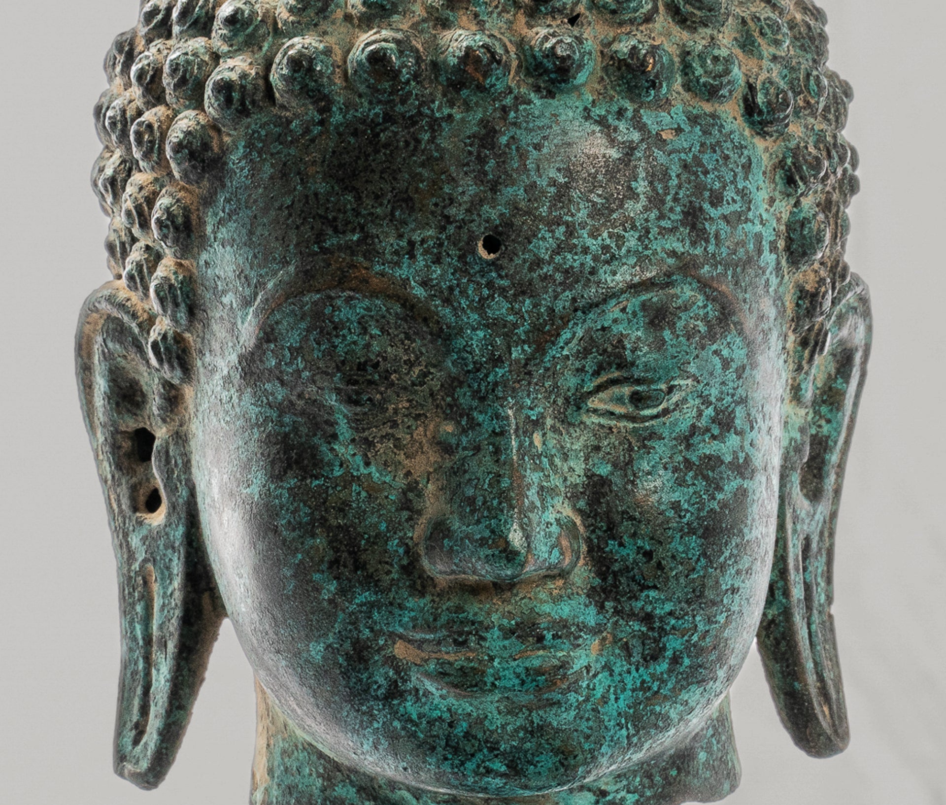 Buddha Statue - Antique Thai Style Mounted Dvaravati Bronze Buddha Head Statue - 20cm/8"