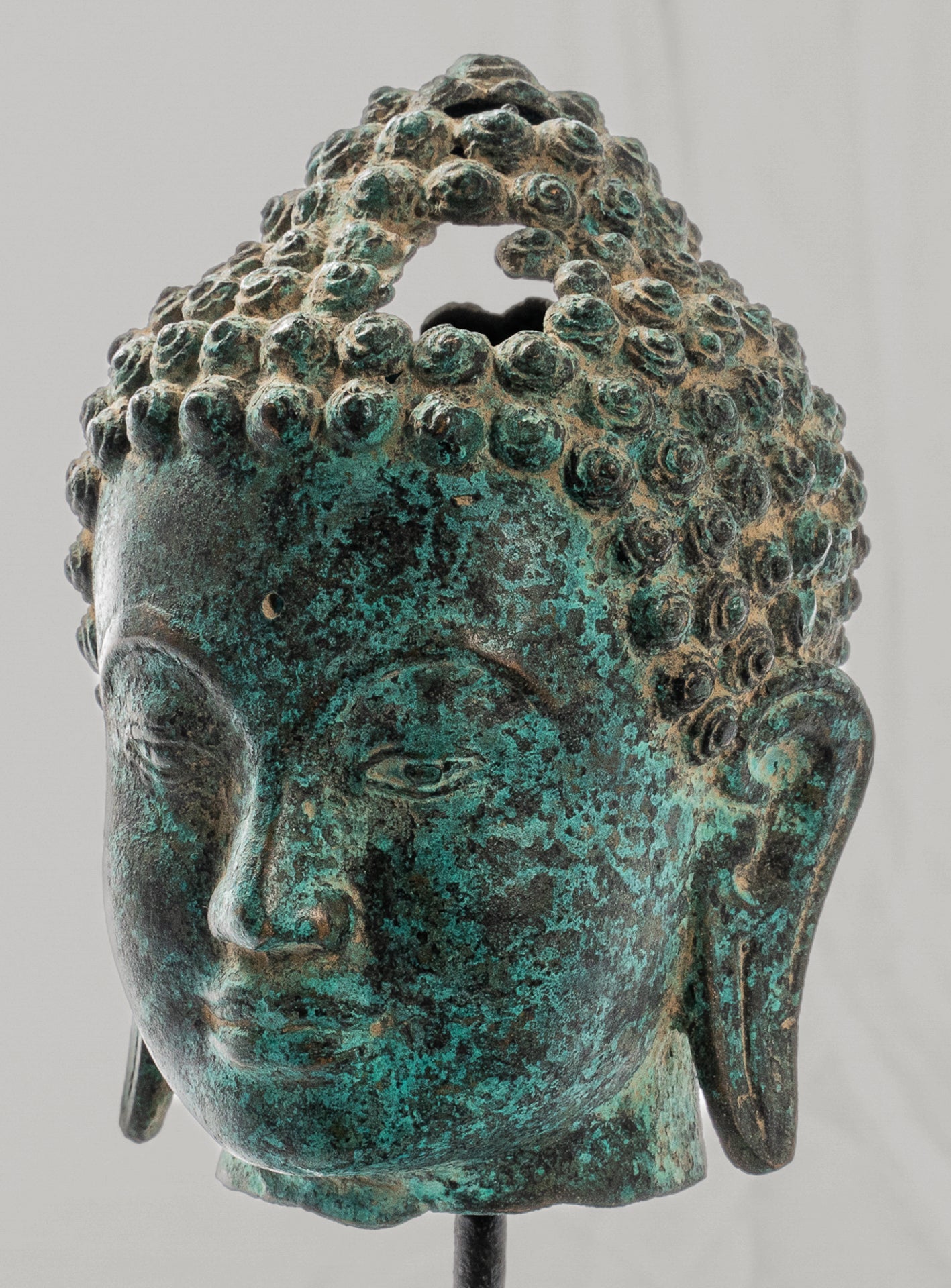 Buddha Statue - Antique Thai Style Mounted Dvaravati Bronze Buddha Head Statue - 20cm/8"