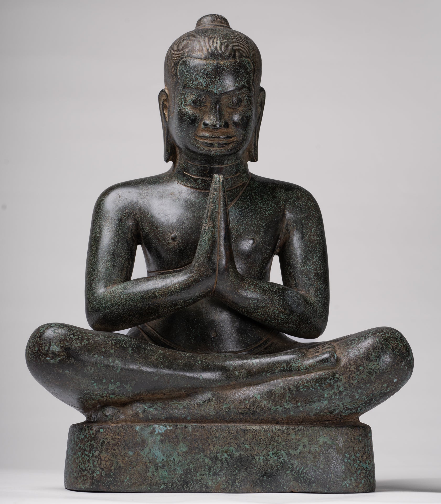 Antique Khmer Style Bronze Meditation Seated Jayavarman VII Statue - 38cm/15"