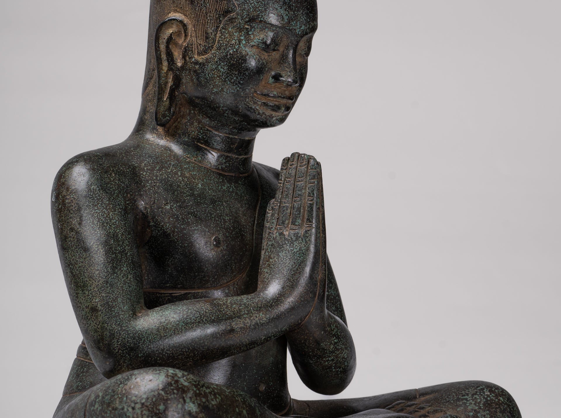 Antique Khmer Style Bronze Meditation Seated Jayavarman VII Statue - 38cm/15"