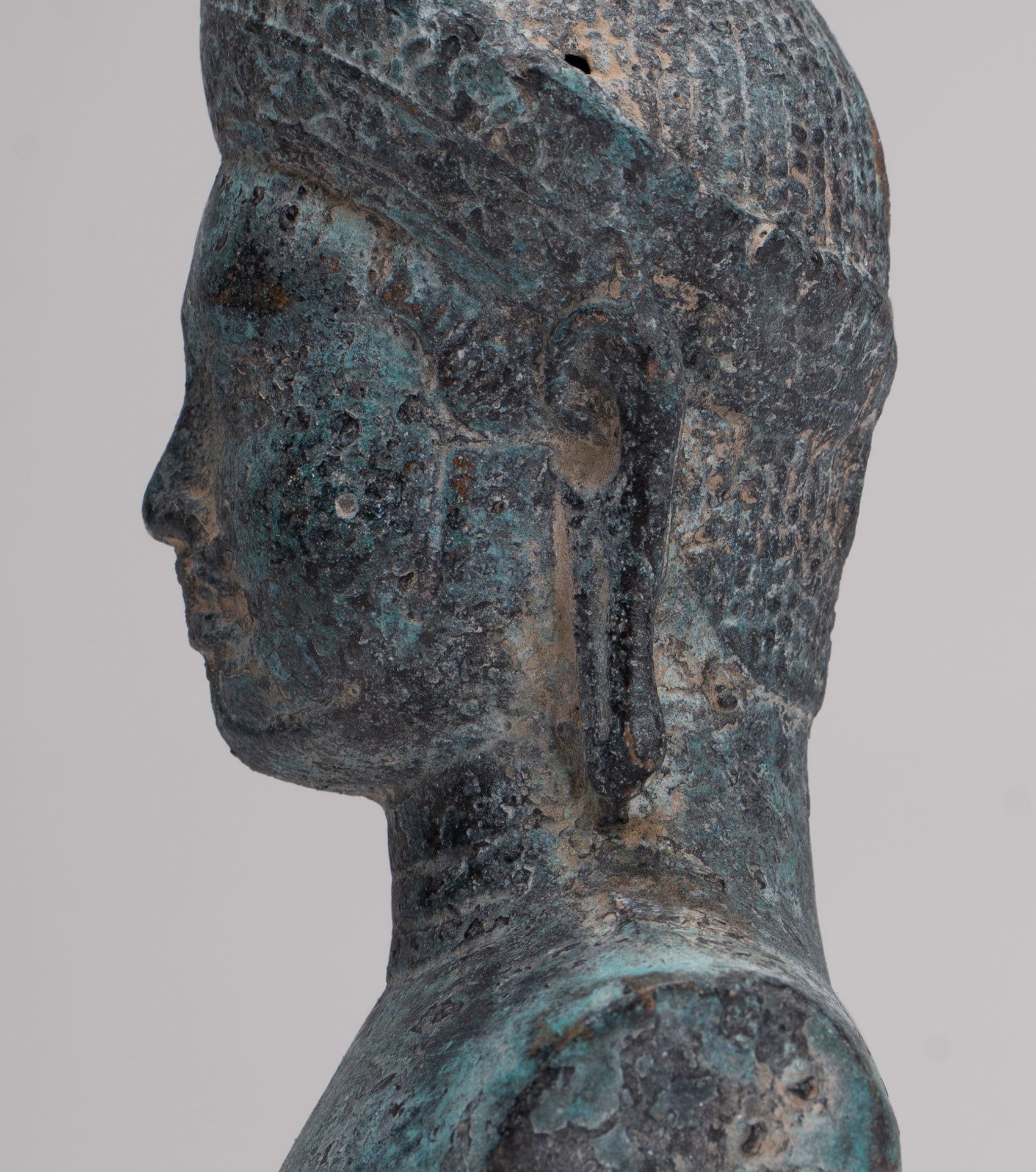 Antique Khmer Style Bronze Mounted Bakheng Shiva Head Statue - 24cm/10"