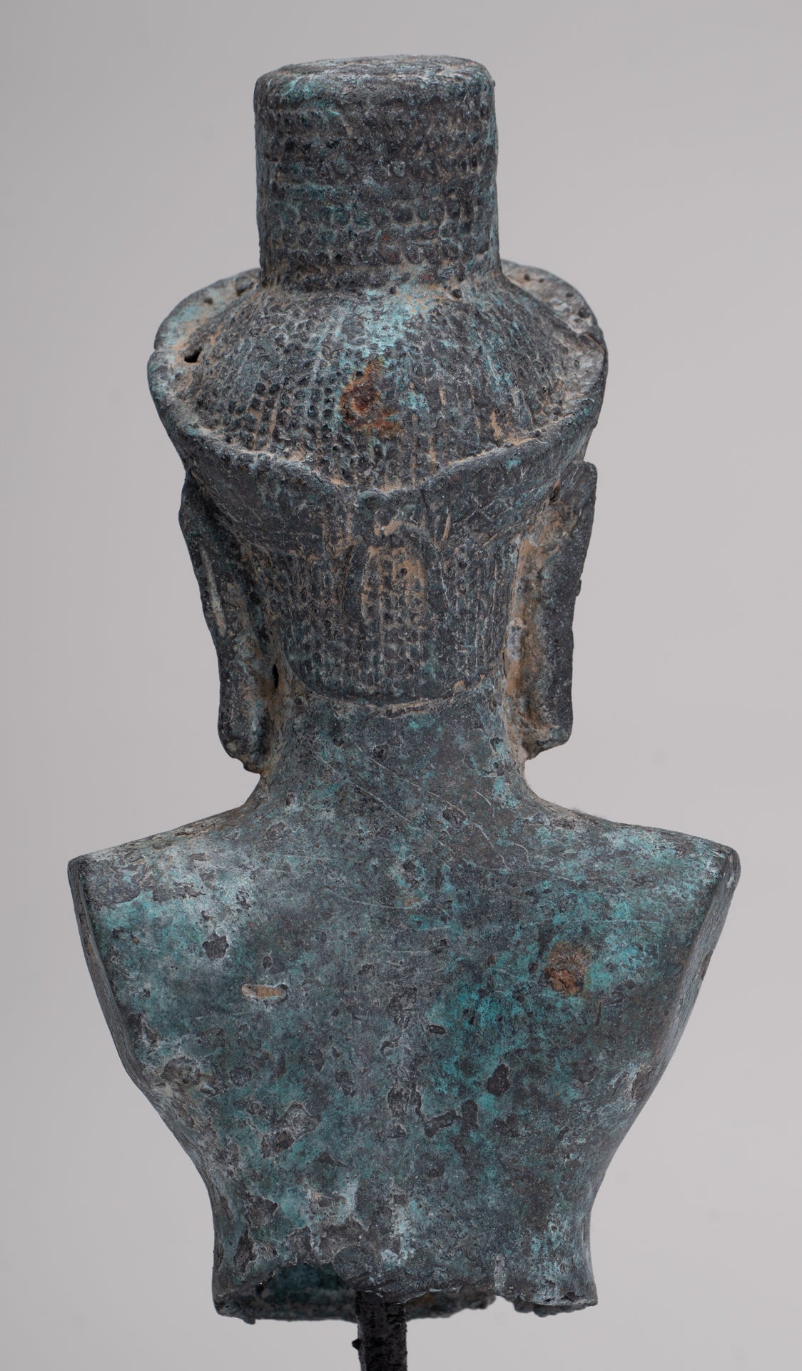 Antique Khmer Style Bronze Mounted Bakheng Shiva Head Statue - 24cm/10"