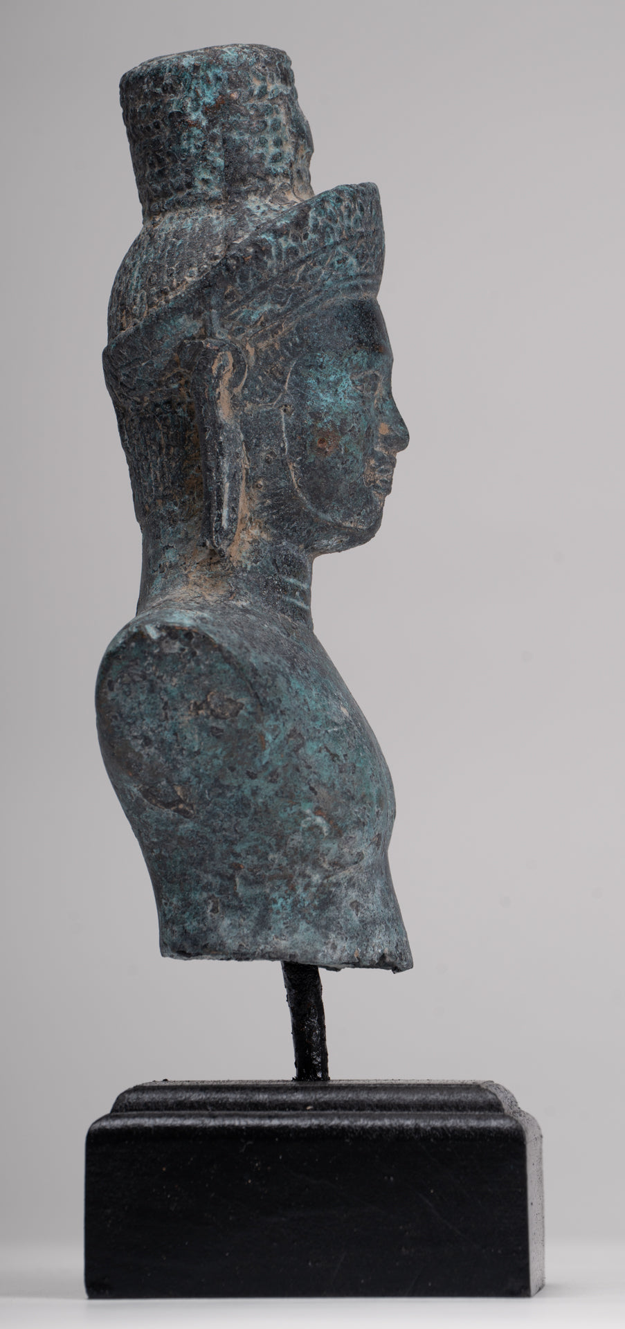 Antique Khmer Style Bronze Mounted Bakheng Shiva Head Statue - 24cm/10"