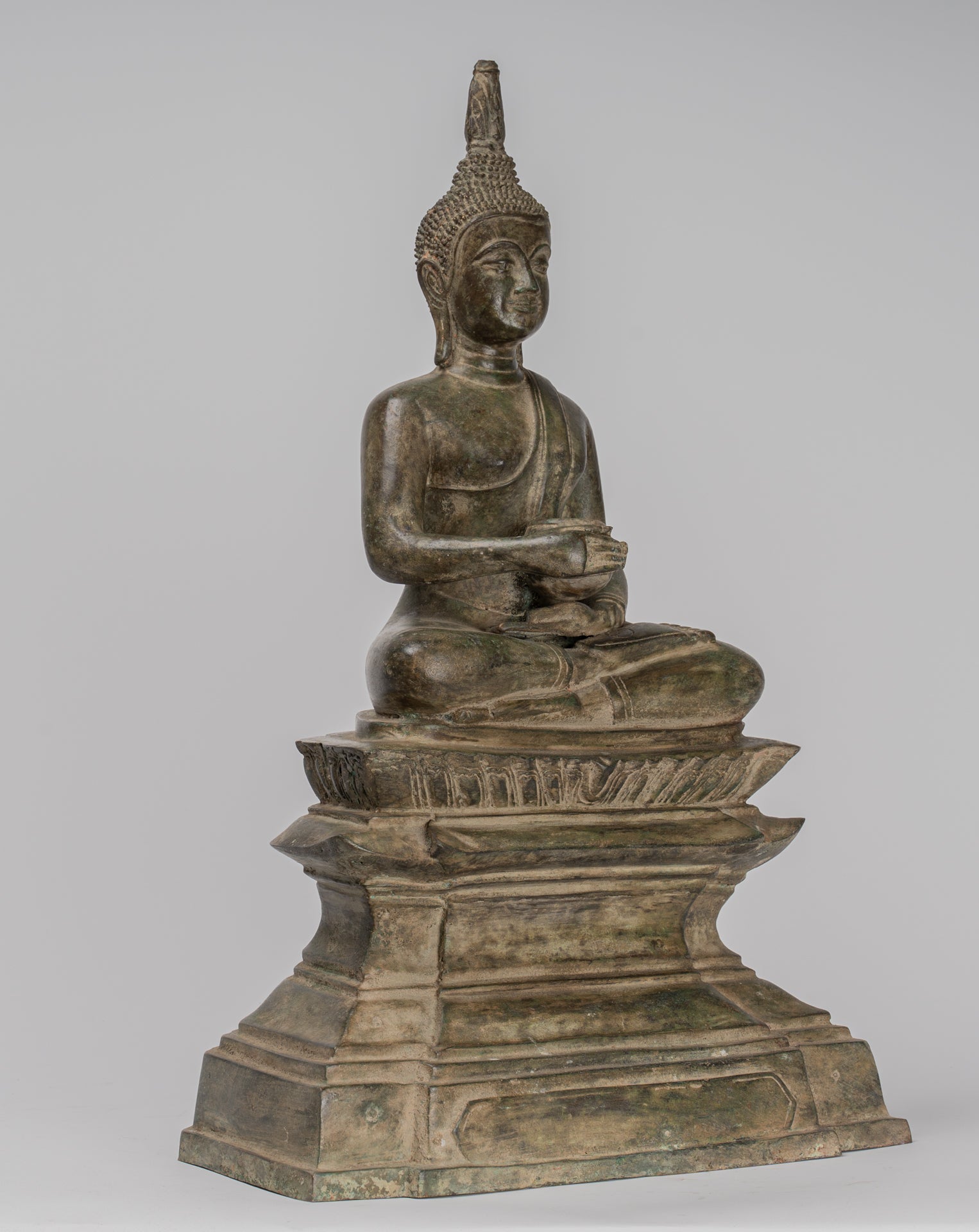 Buddha Statue - Seated Antique Laos Style Bronze Charity Gautama Buddha Statue - 54cm/22"