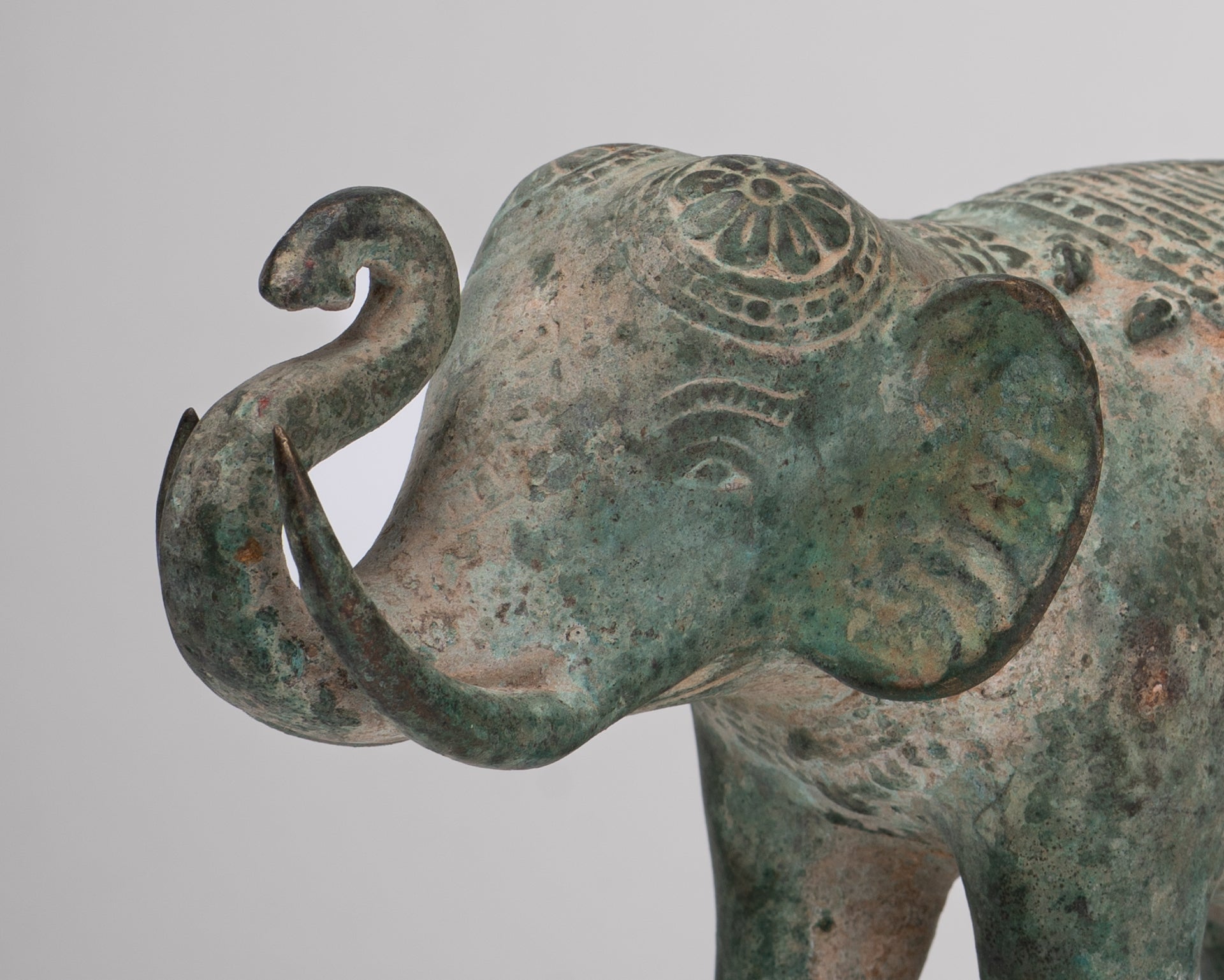 Antique Khmer Style Bronze Trumpeting Elephant Statue - 12cm/5" Tall