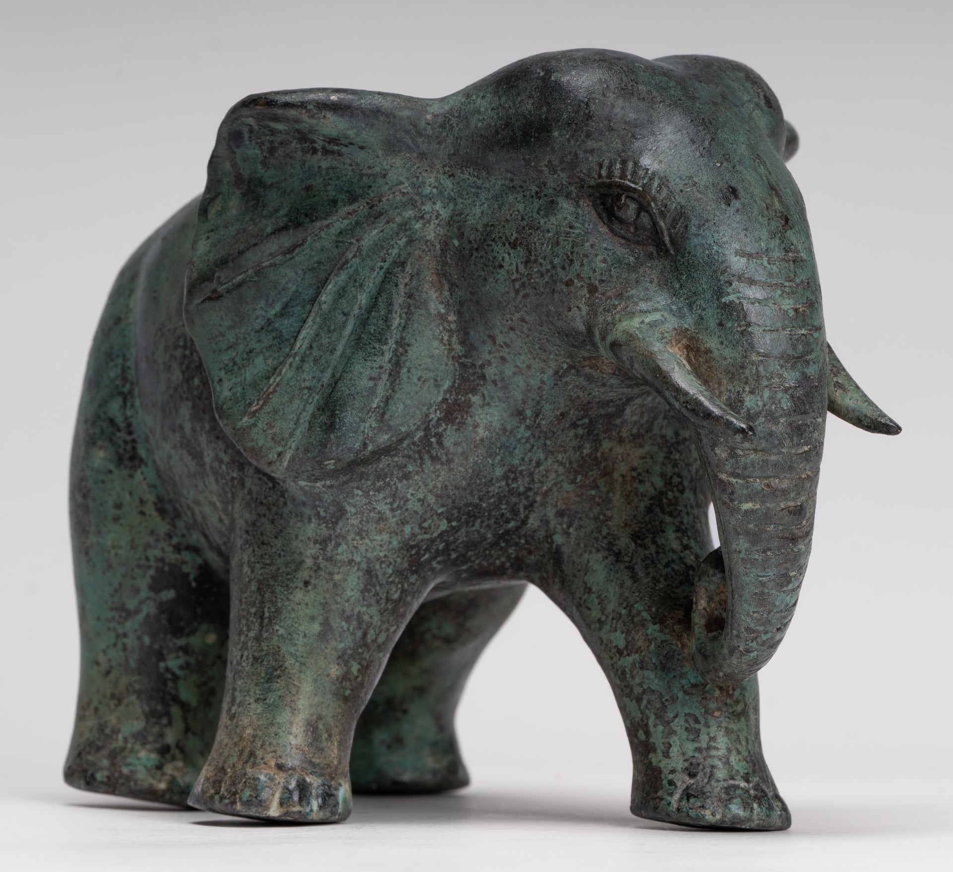 Antique Khmer Style Standing Bronze Elephant Statue - 14cm/6" Tall