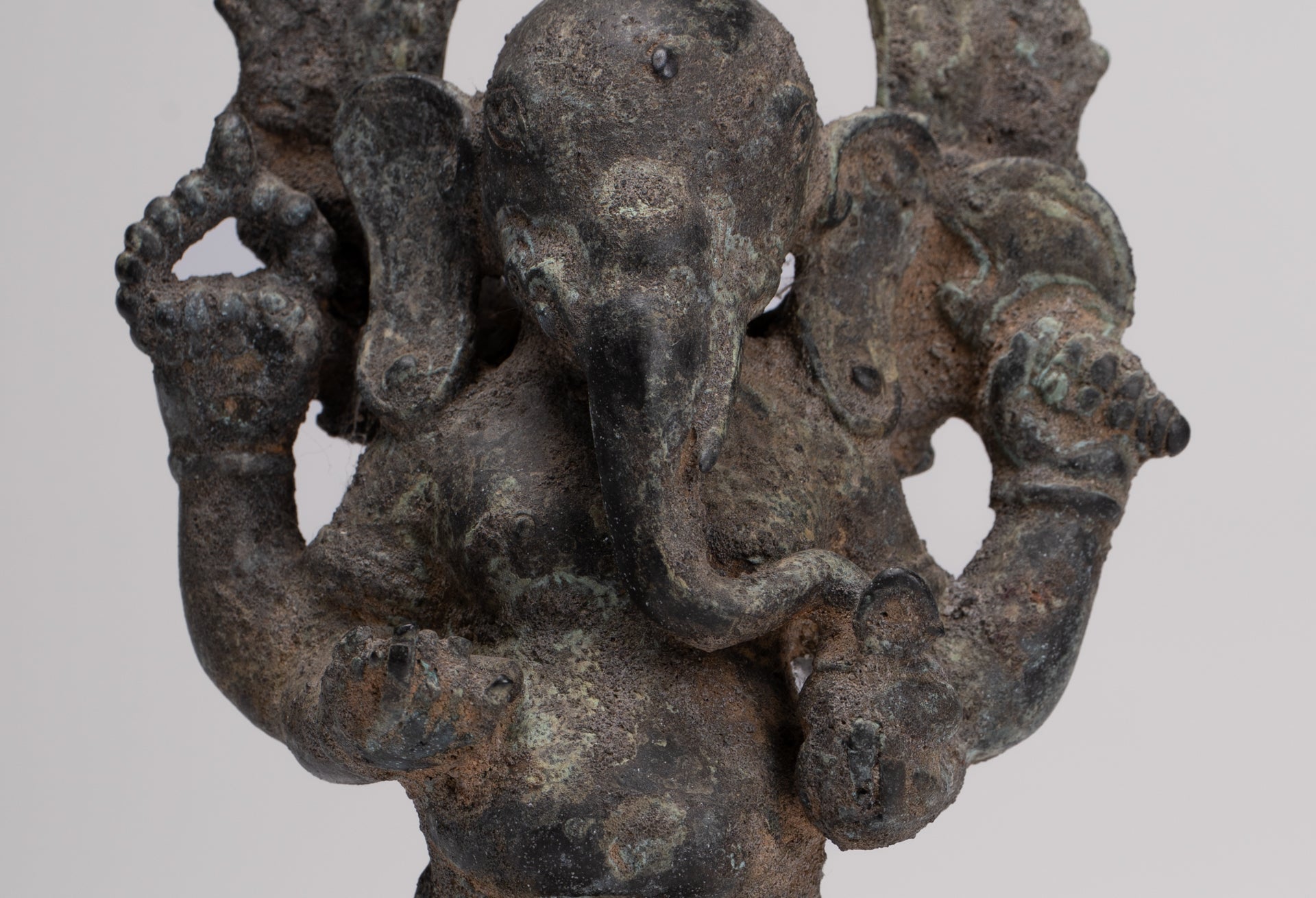 Ganesha Statue - Antique Vietnamese Style Bronze Standing Cham Four-Arm Ganesha Statue - 25cm/10"