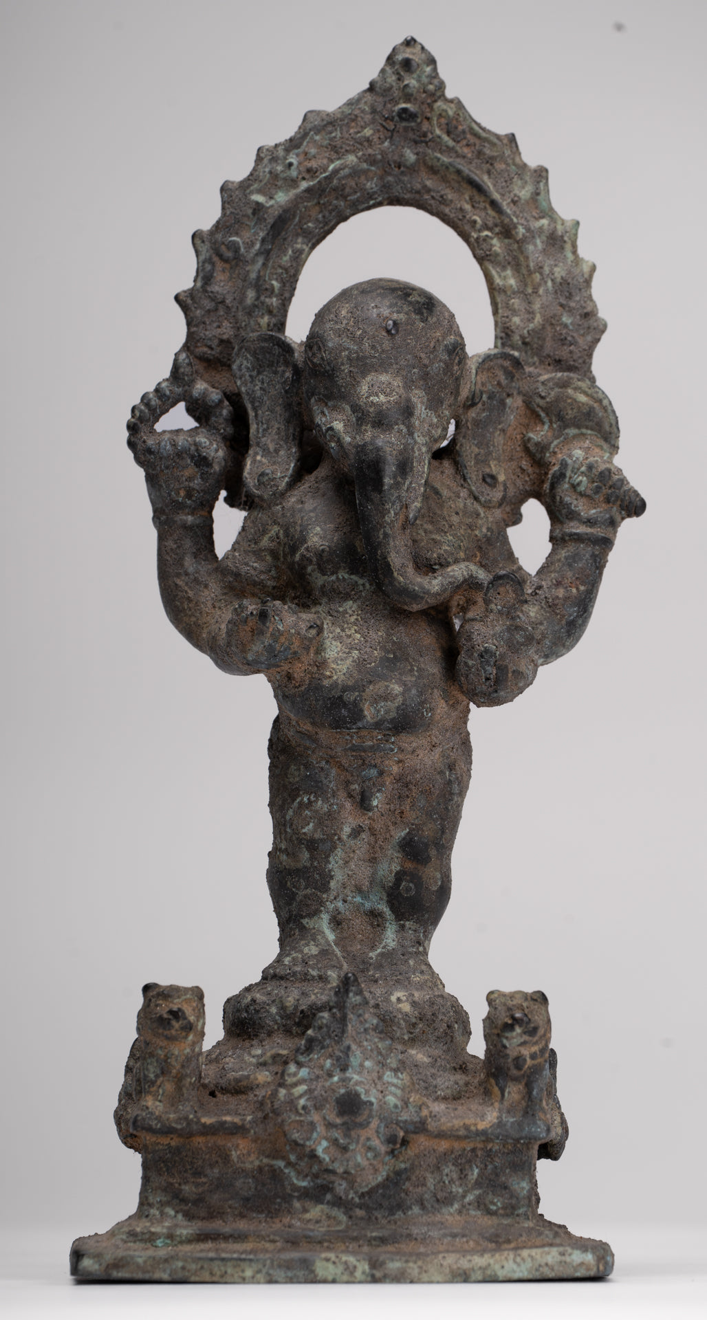 Ganesha Statue - Antique Vietnamese Style Bronze Standing Cham Four-Arm Ganesha Statue - 25cm/10"