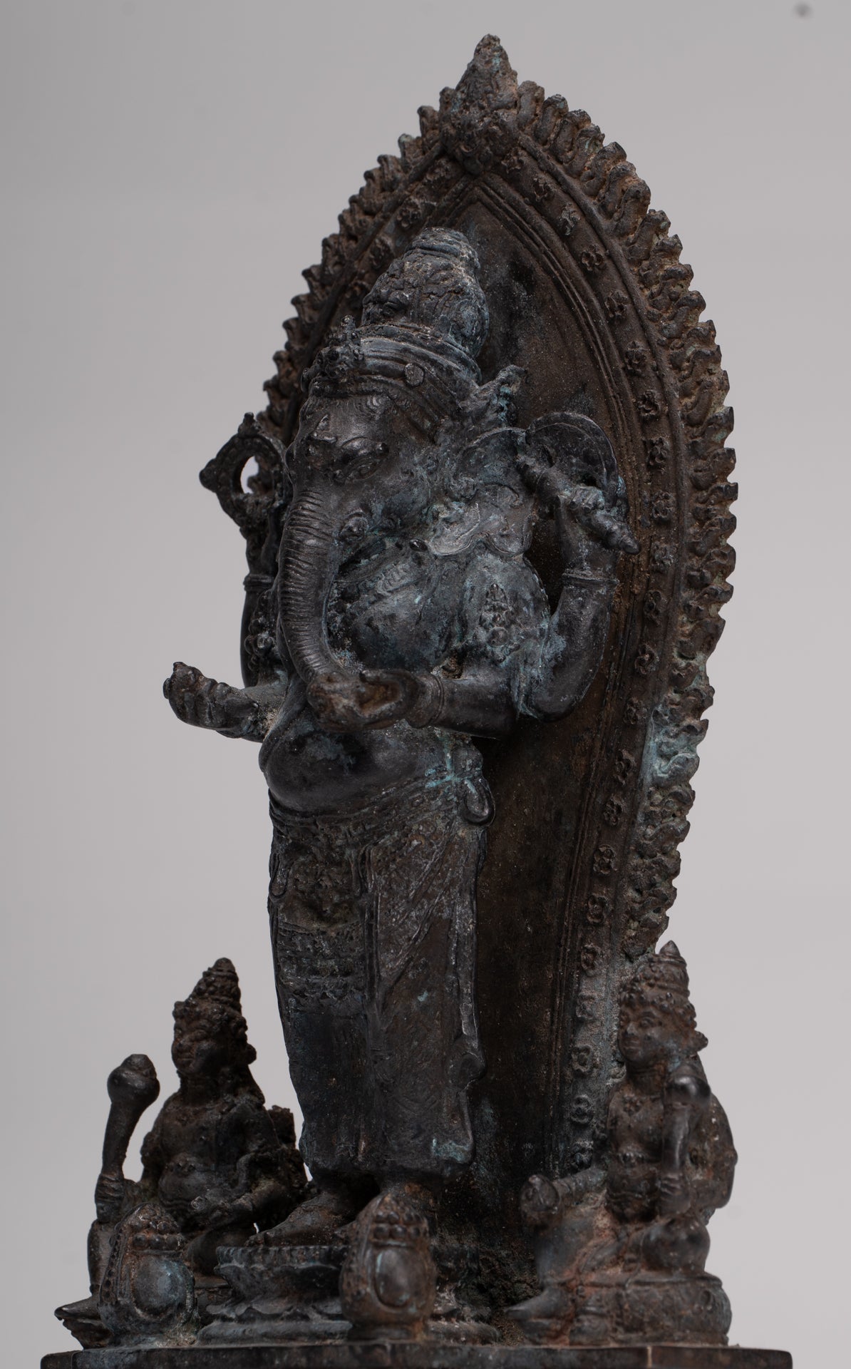 Ganesha Statue - Antique Javanese Style Bronze Standing Four Arm Ganesha Statue - 31cm/12"