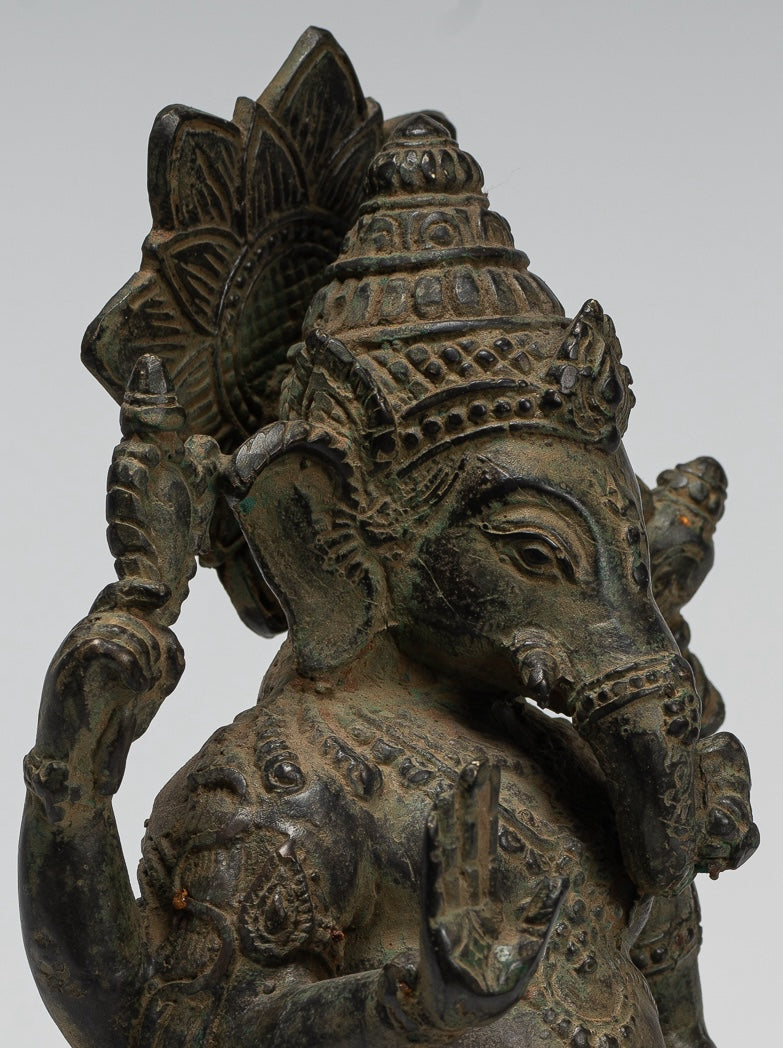 Ganesha Statue - Antique Javanese Style Bronze Seated Indonesian Ganesha Statue - 20cm/8"