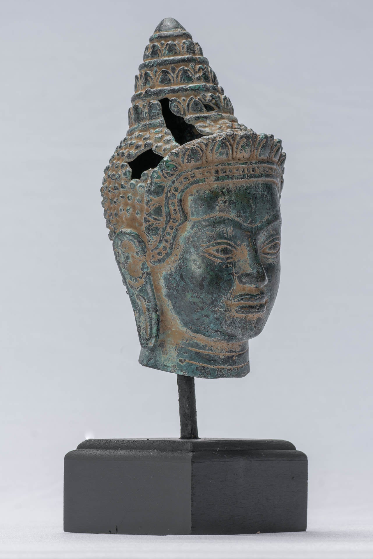 Buddha Statue - Antique Khmer Style Mounted Bronze Baphuon Buddha Head Statue - 25.5cm/10"