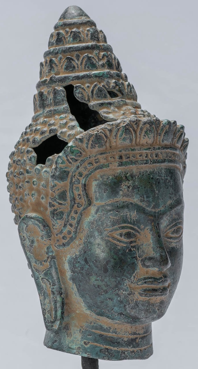 Buddha Statue - Antique Khmer Style Mounted Bronze Baphuon Buddha Head Statue - 25.5cm/10"