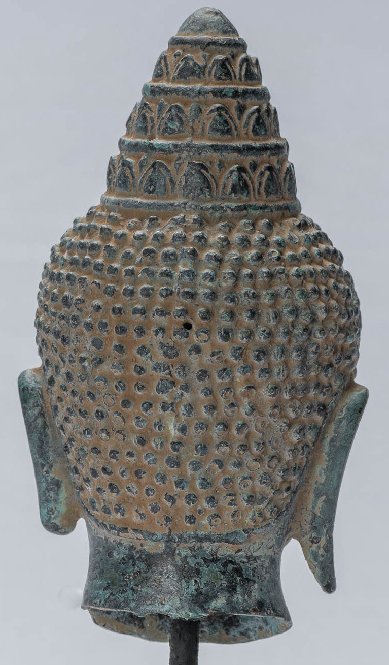 Buddha Statue - Antique Khmer Style Mounted Bronze Baphuon Buddha Head Statue - 25.5cm/10"