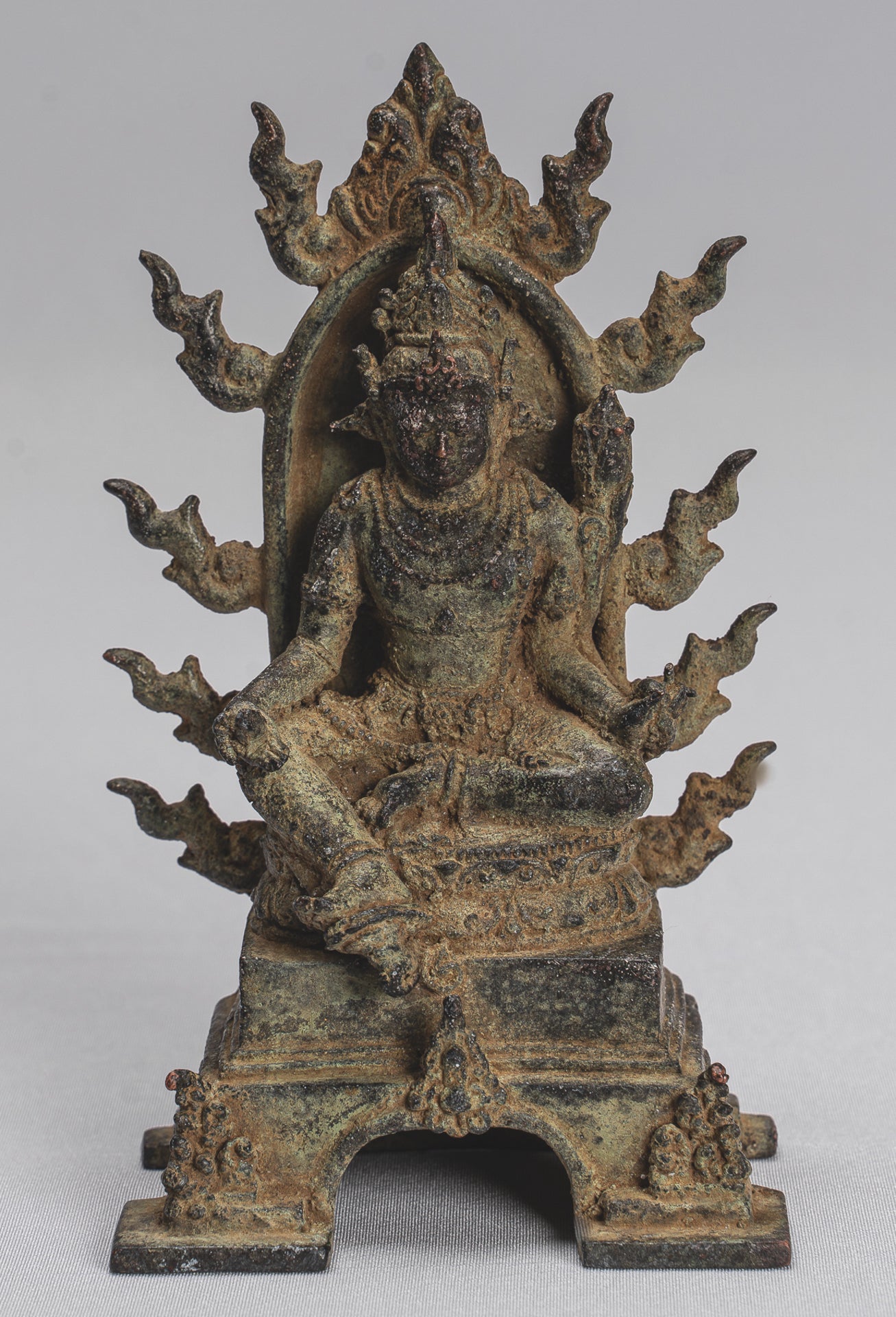 Tara Statue - Antique Java Style Majapahit Seated Bronze Devi Tara Statue - 13cm/5"