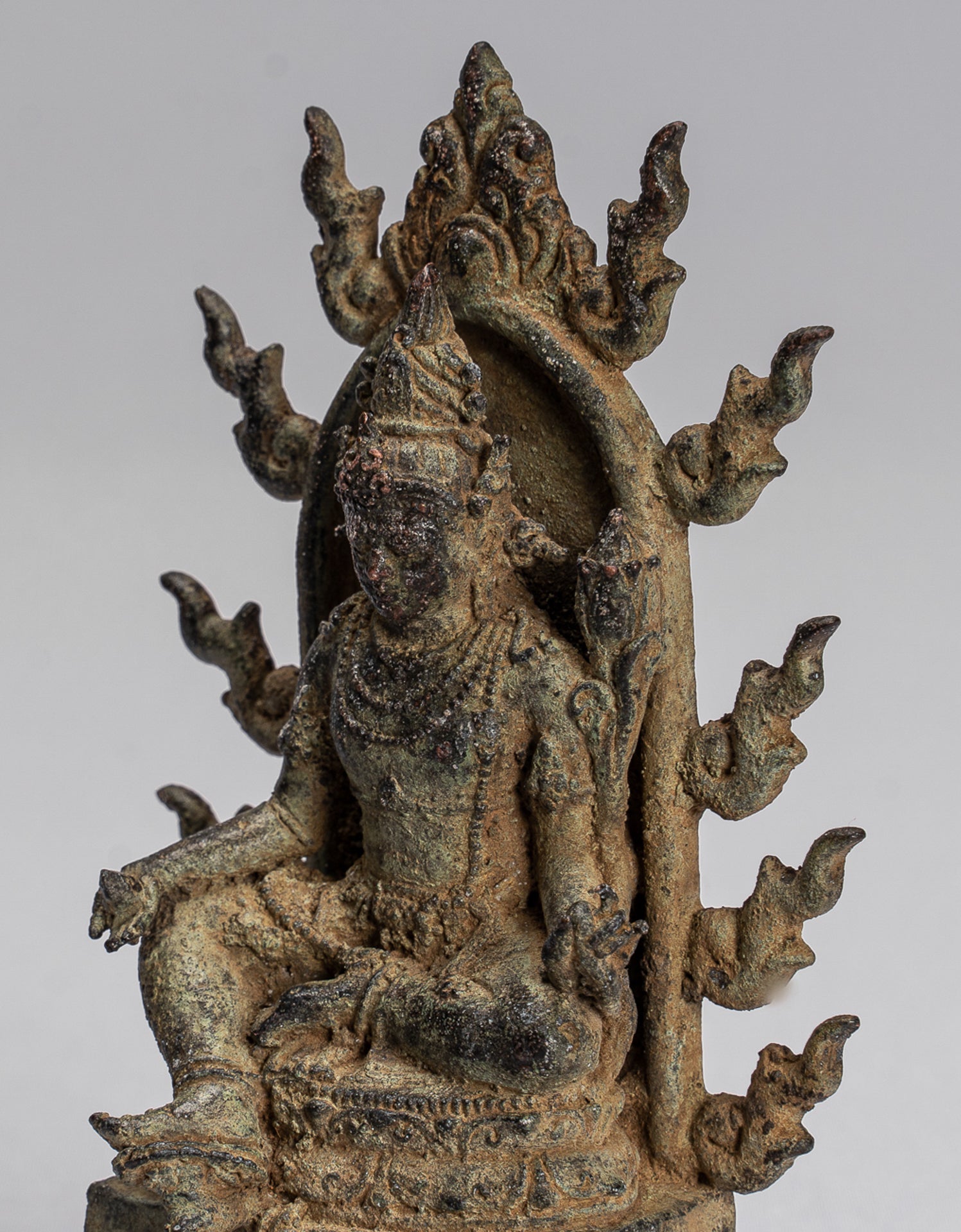 Tara Statue - Antique Java Style Majapahit Seated Bronze Devi Tara Statue - 13cm/5"