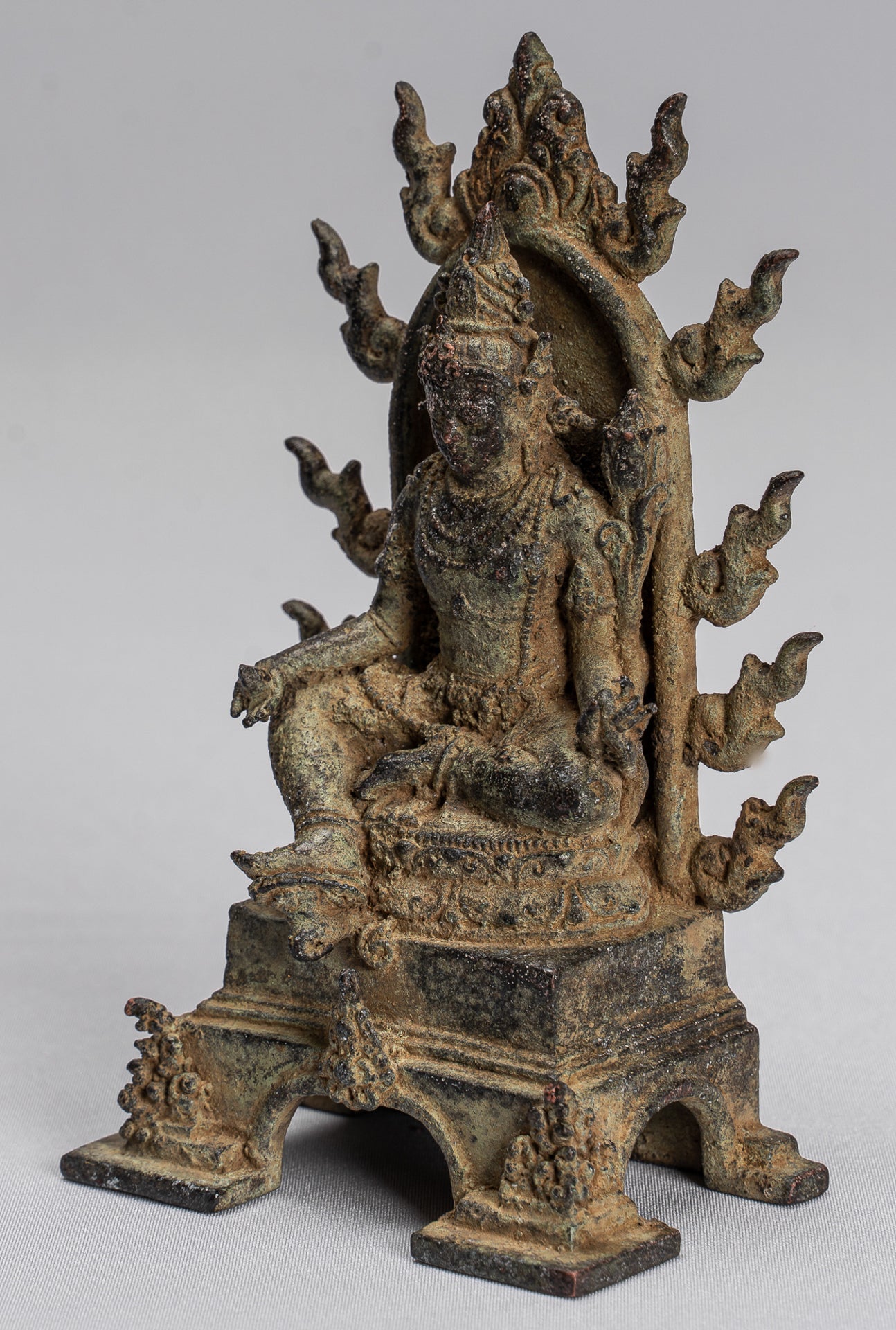 Tara Statue - Antique Java Style Majapahit Seated Bronze Devi Tara Statue - 13cm/5"