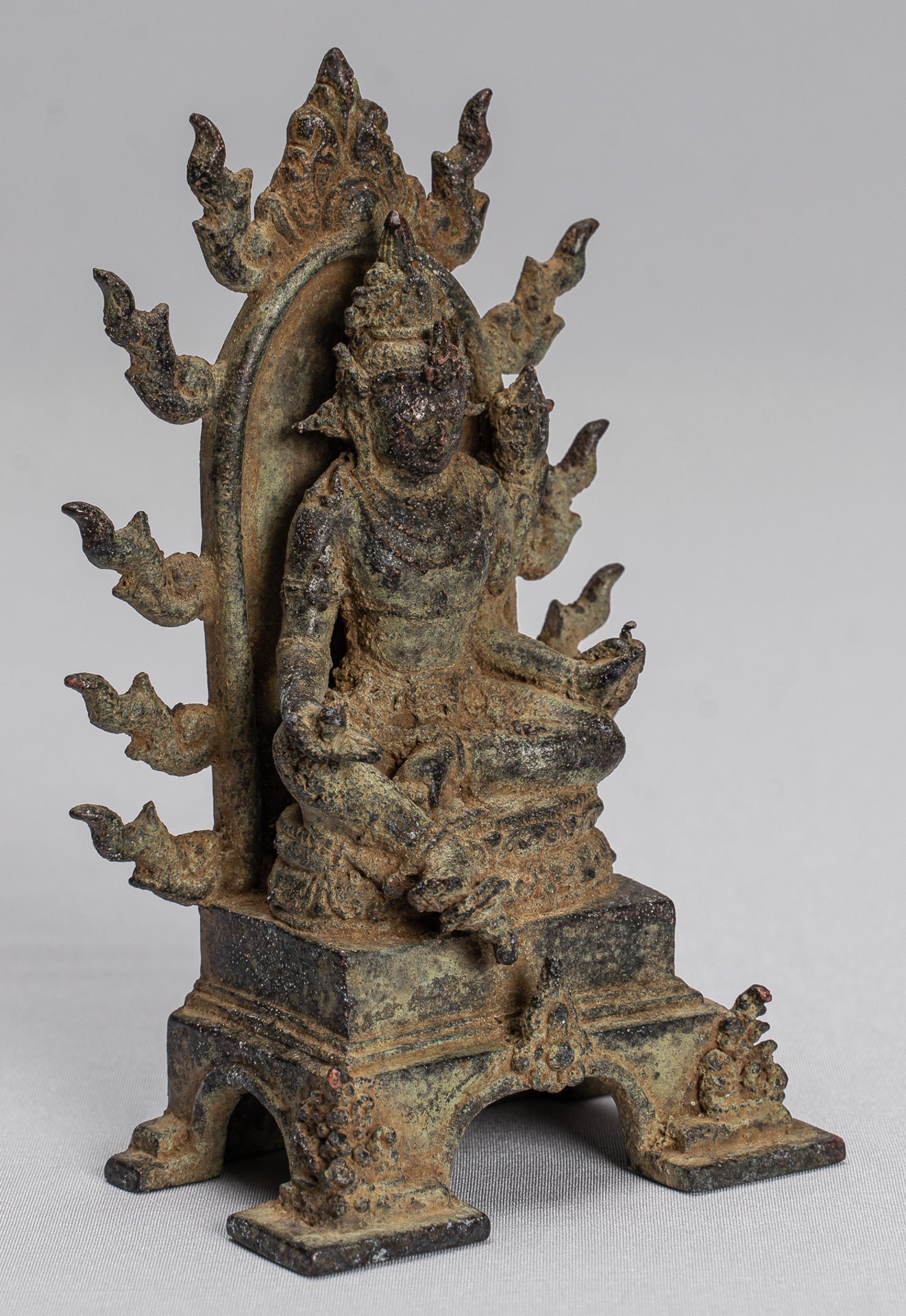 Tara Statue - Antique Java Style Majapahit Seated Bronze Devi Tara Statue - 13cm/5"