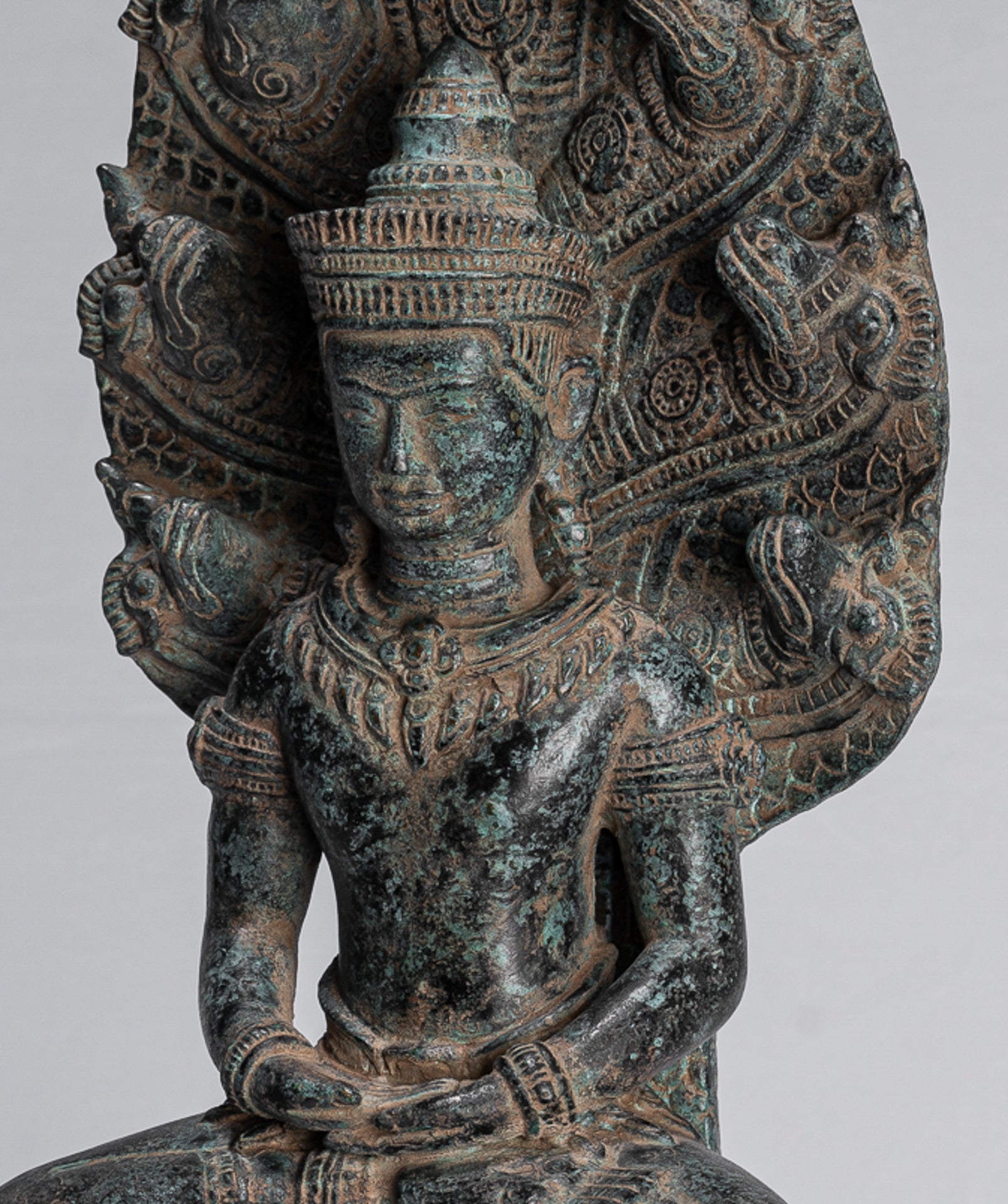 Buddha Statue - Antique Khmer Style Bronze Seated Meditation Naga Buddha Statue - 46cm/18"