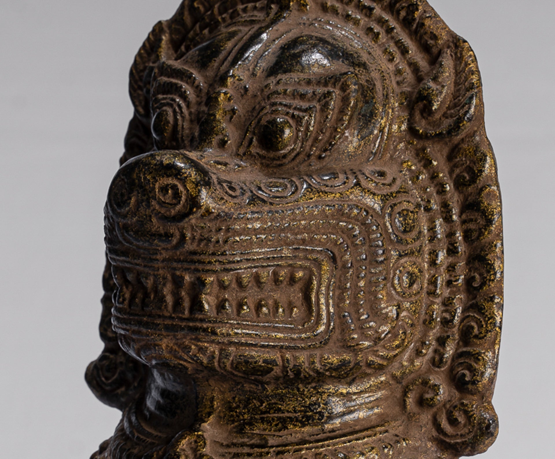 Temple Lion - Antique Khmer Style Bronze Mounted Temple Guardian or Lion - 28cm/11"