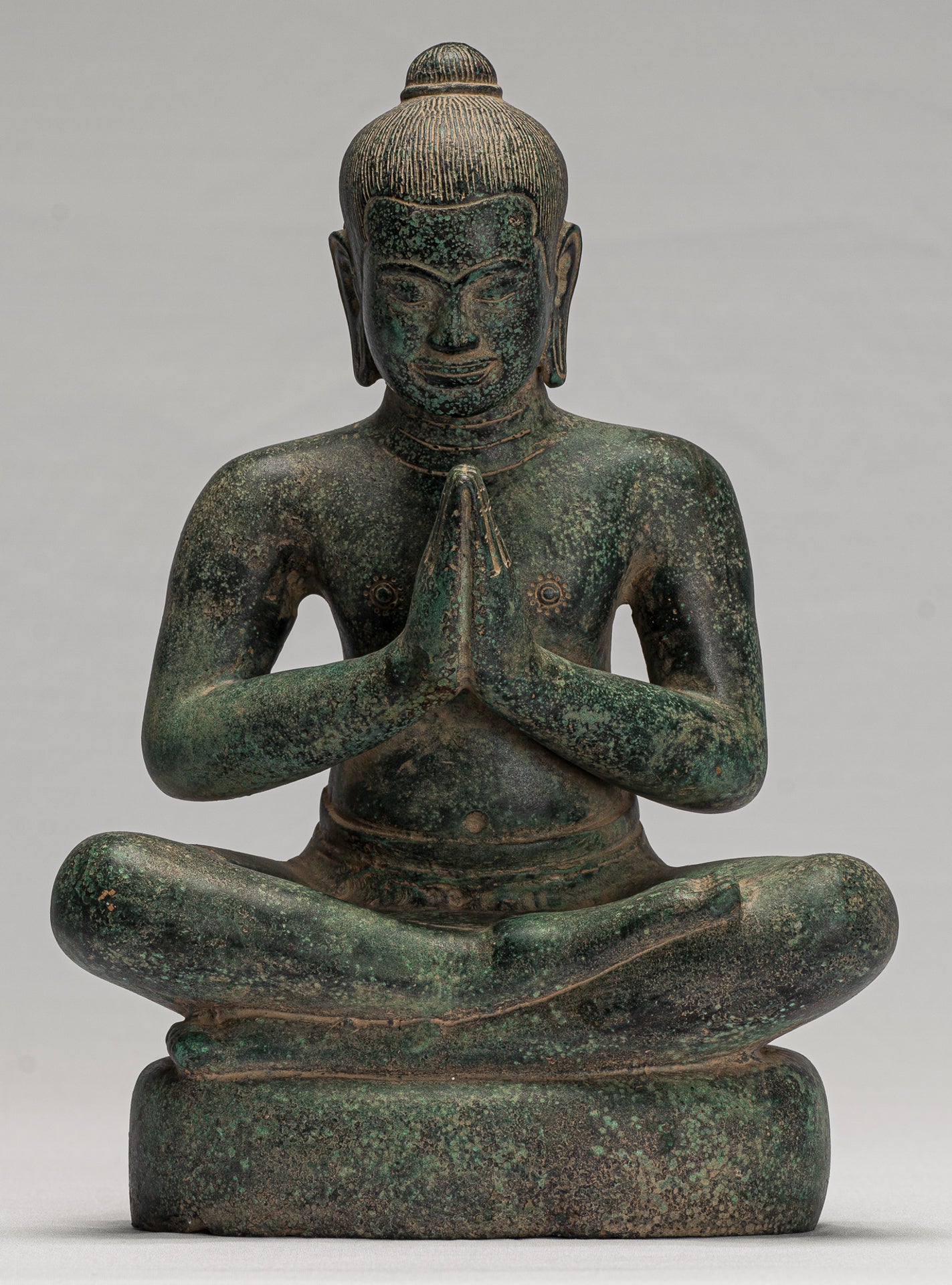 Jayavarman Statue - Antique Khmer Style Seated Bronze Jayavarman VII Statue - 31cm/12"