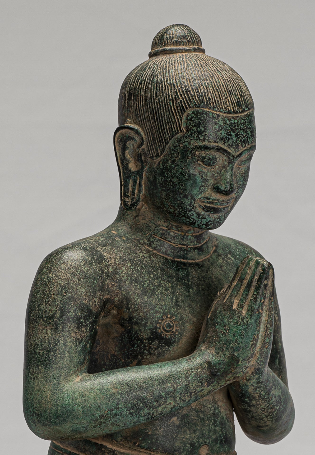 Jayavarman Statue - Antique Khmer Style Seated Bronze Jayavarman VII Statue - 31cm/12"