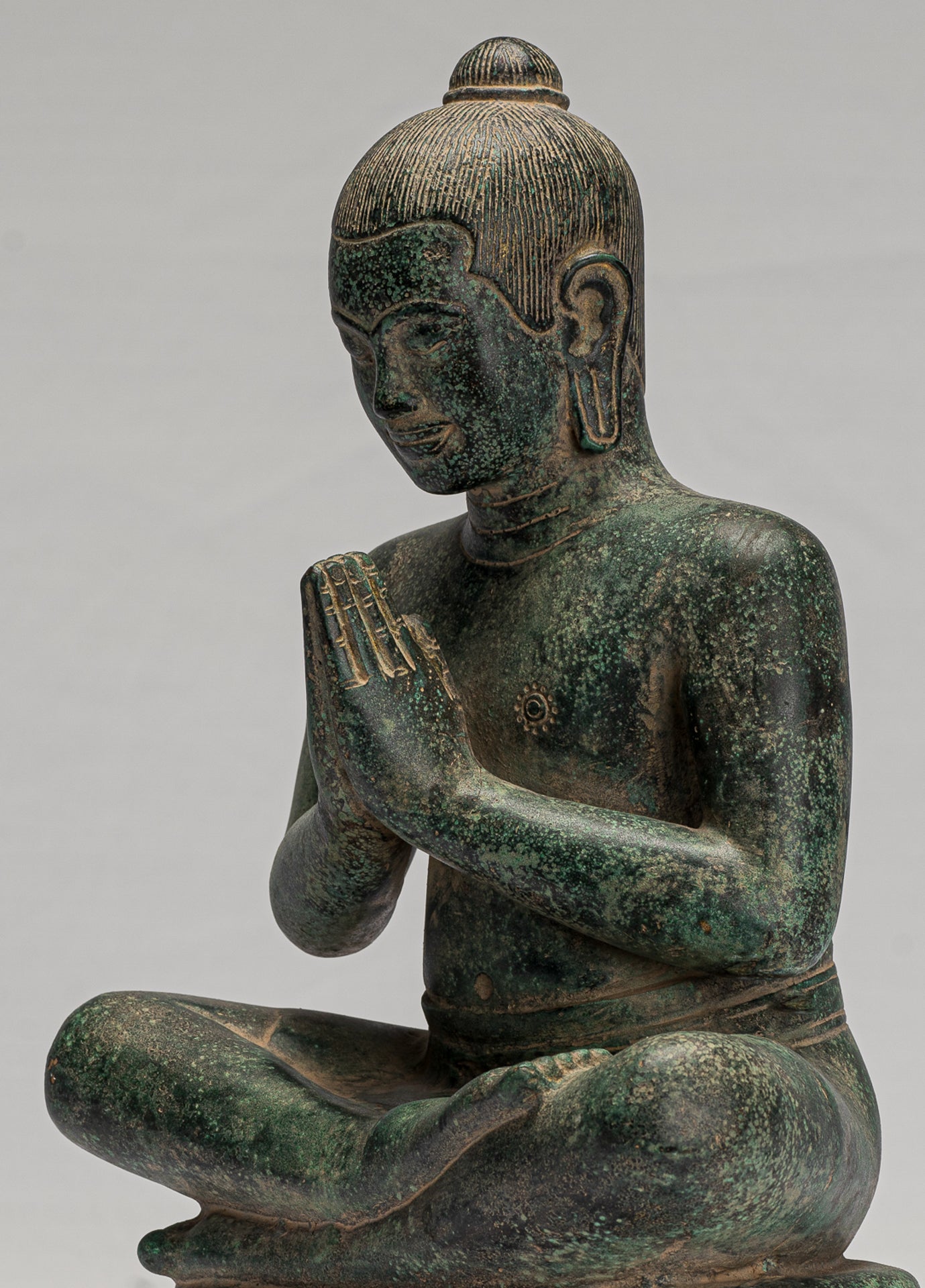 Jayavarman Statue - Antique Khmer Style Seated Bronze Jayavarman VII Statue - 31cm/12"