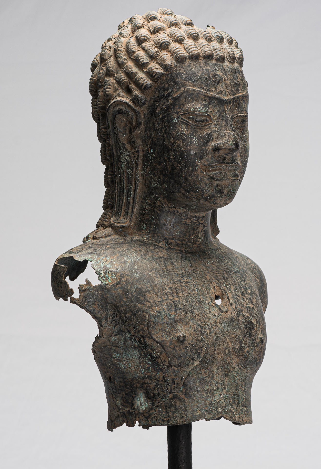 Buddha Statue - Antique Khmer Style Mounted Bronze Phnom Da Buddha Head Statue - 54cm/22")