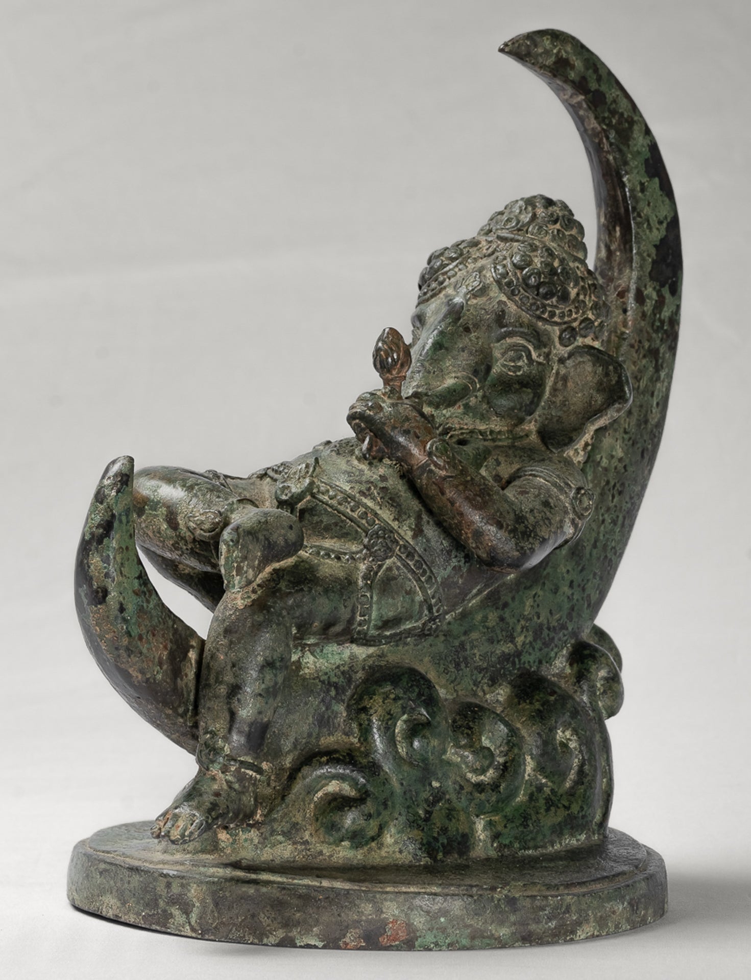 Ganesha Statue - Antique Thai Style Bronze Reclining Ganesha Statue on Moon - 31cm/12"