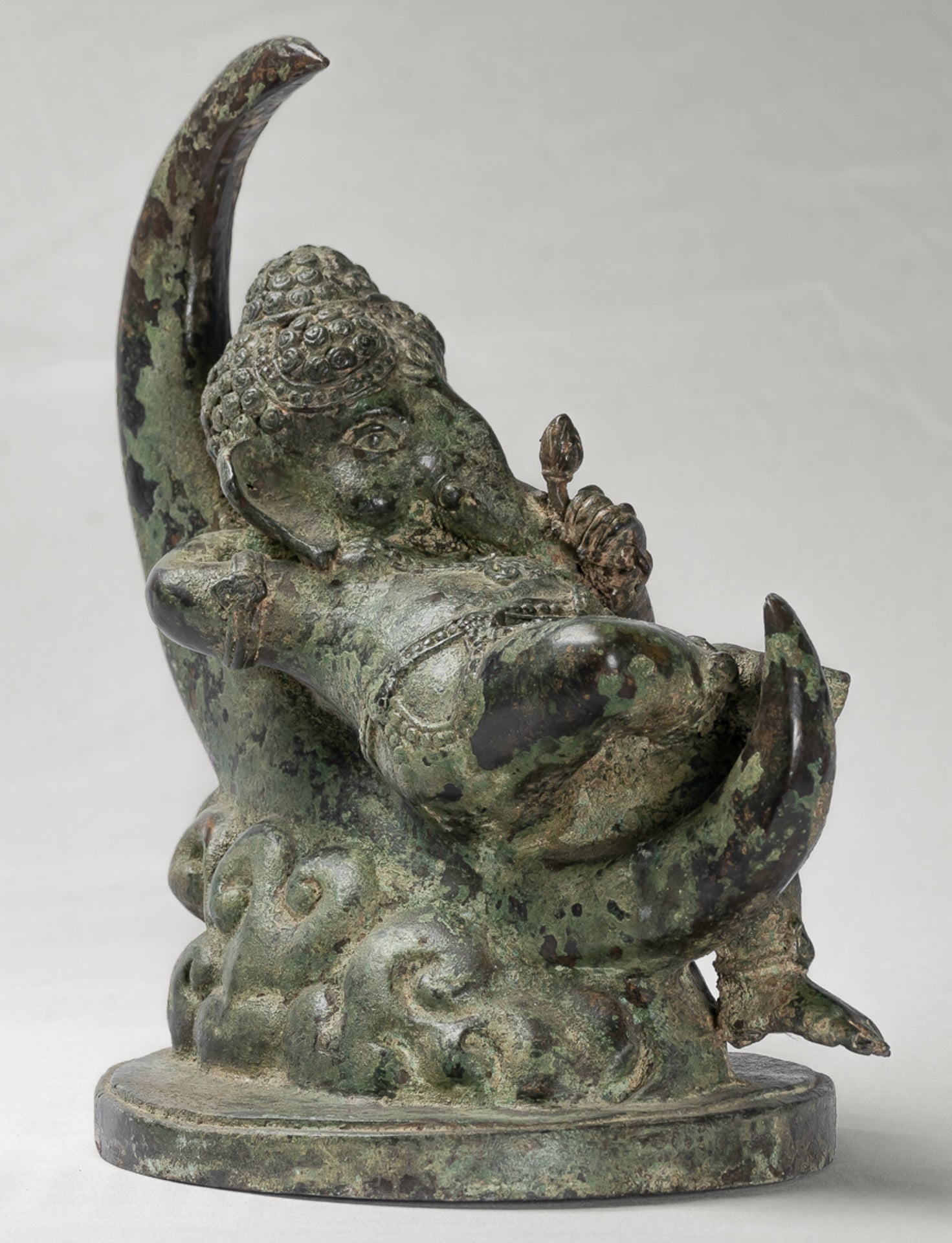 Ganesha Statue - Antique Thai Style Bronze Reclining Ganesha Statue on Moon - 31cm/12"