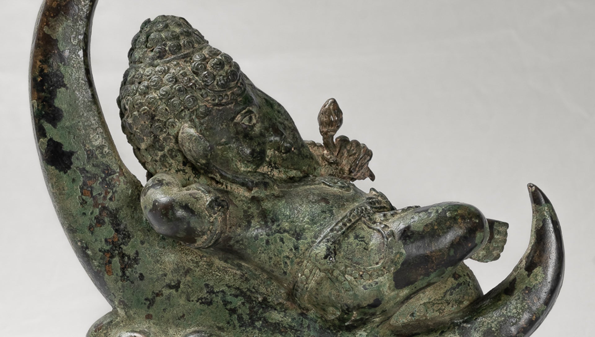 Ganesha Statue - Antique Thai Style Bronze Reclining Ganesha Statue on Moon - 31cm/12"