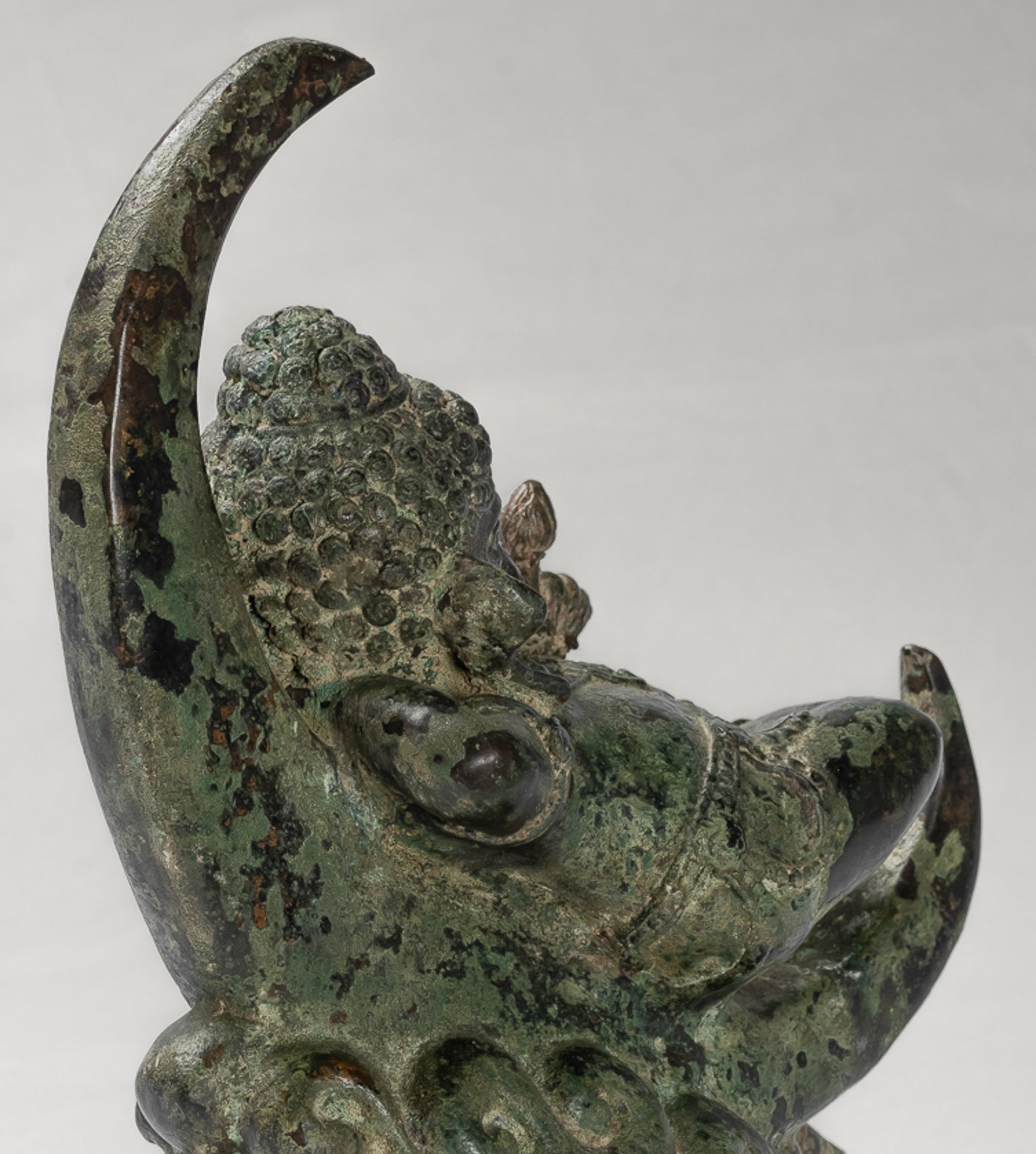 Ganesha Statue - Antique Thai Style Bronze Reclining Ganesha Statue on Moon - 31cm/12"