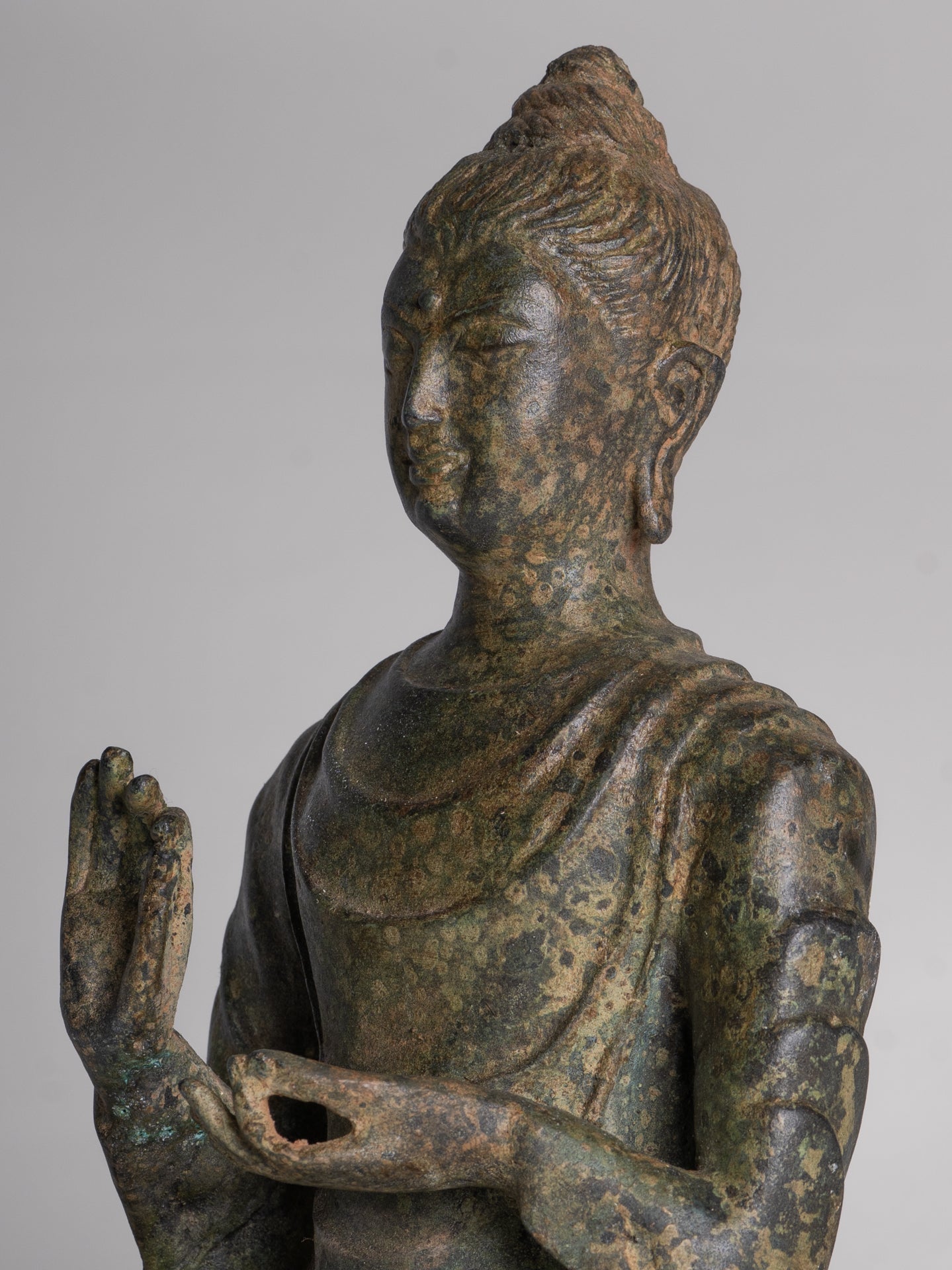 Indian Buddha Statue - Antique Gandhara Style Bronze Protection Buddha Statue - 26cm/10"