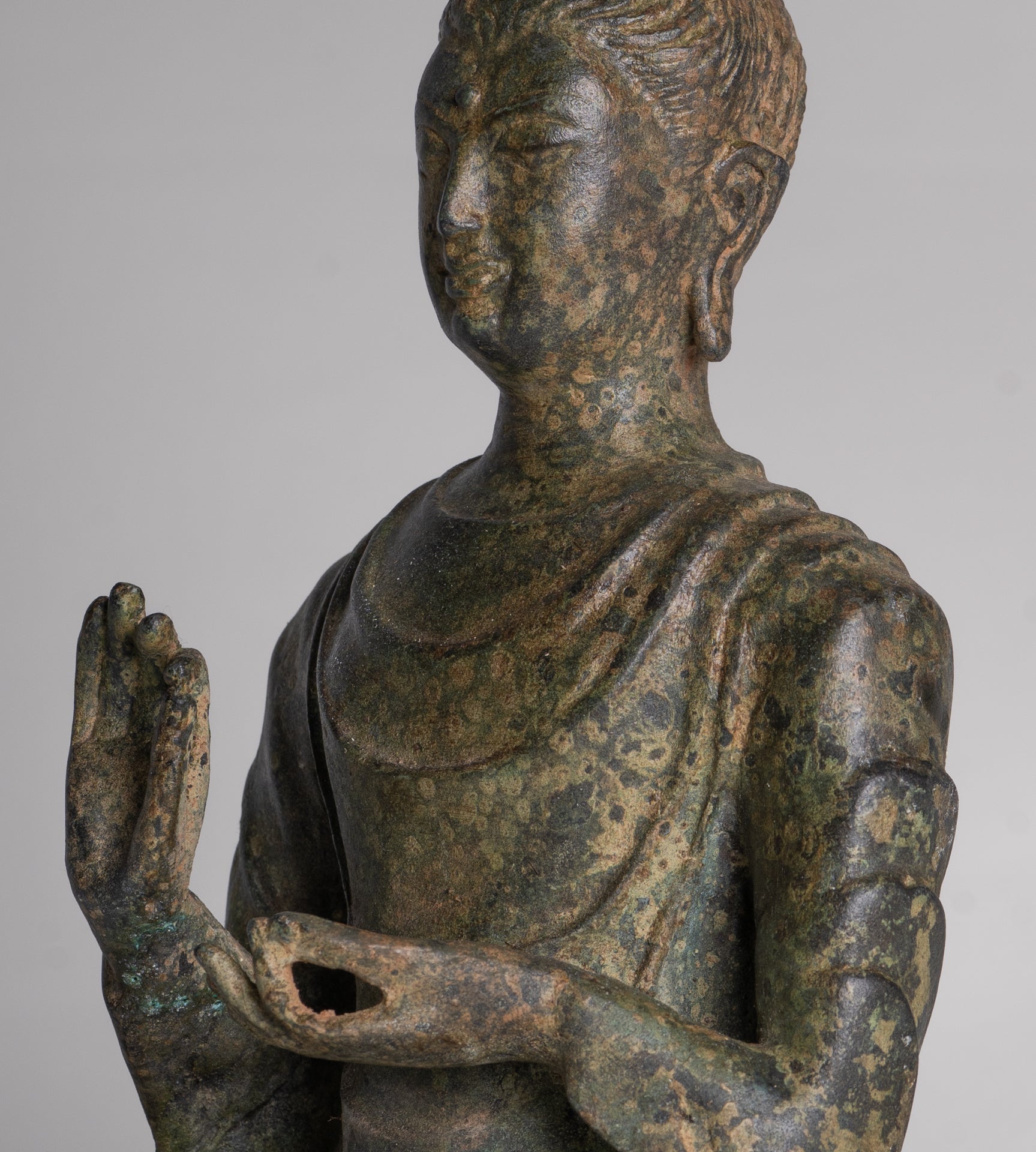 Indian Buddha Statue - Antique Gandhara Style Bronze Protection Buddha Statue - 26cm/10"