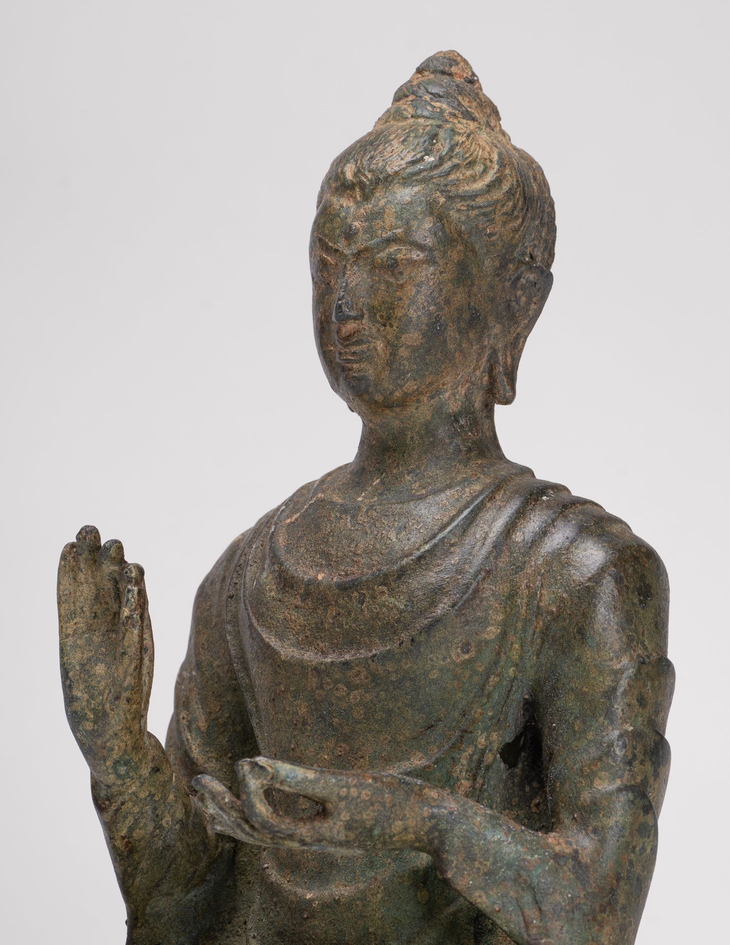 Indian Buddha Statue - Antique Gandhara Style Bronze Protection Buddha Statue - 25cm/10"