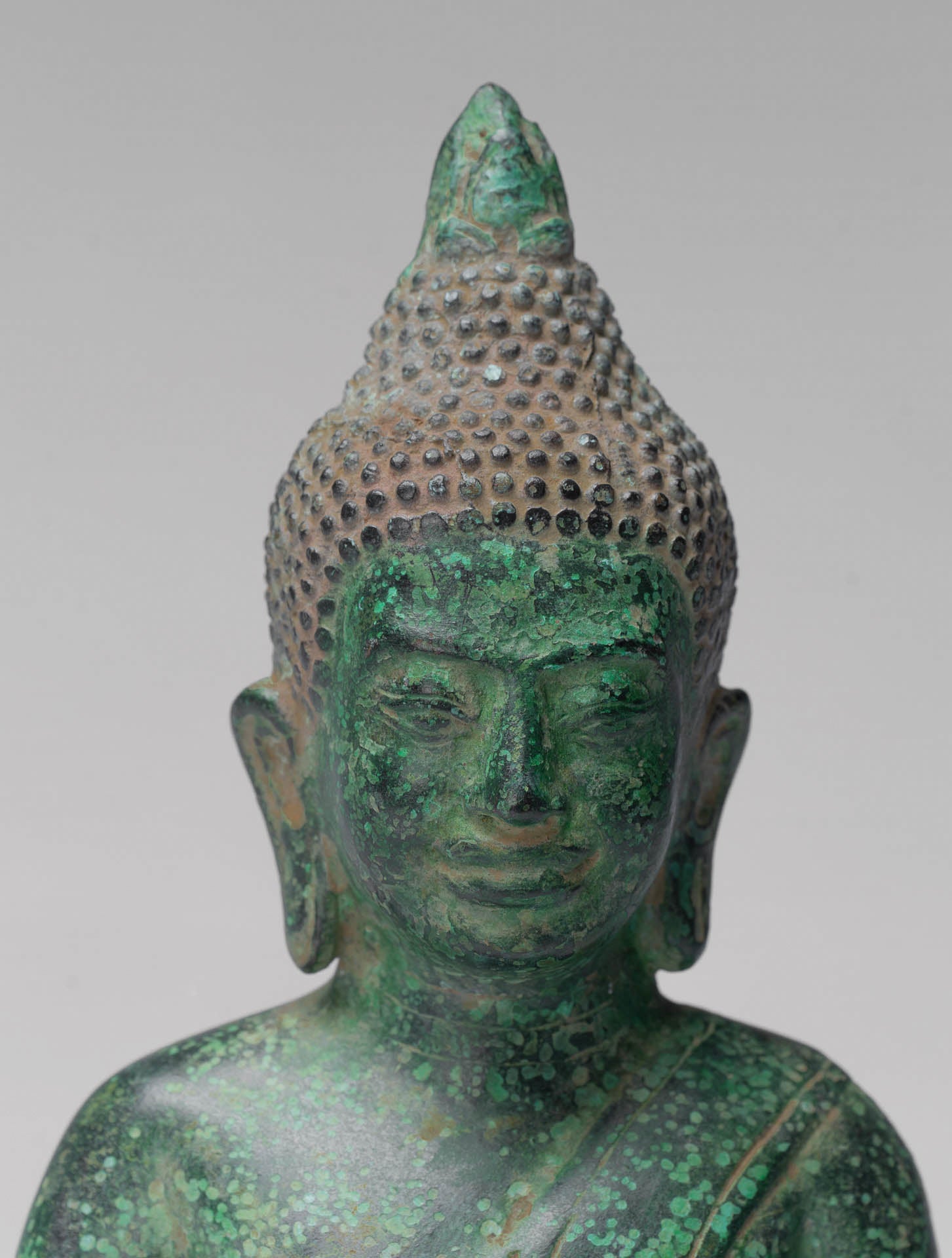 Buddha - Antique Khmer Style Bronze Enthroned Meditation Buddha Statue - 31cm/12"