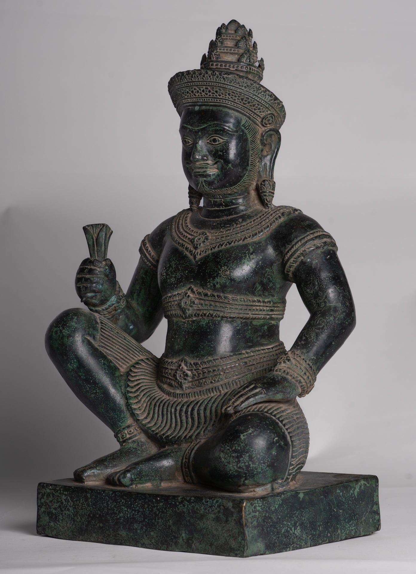 Vishvakarman Statue - Antique Khmer Style Bayon Seated Bronze Vishvakarman Statue - 41cm/16"