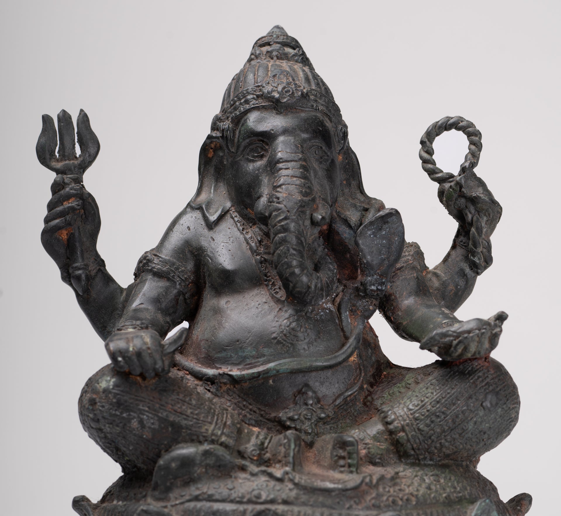 Ganesha Statue - Antique Thai Style Bronze Seated 4-Arm Ganesha Statue - 21cm/8"